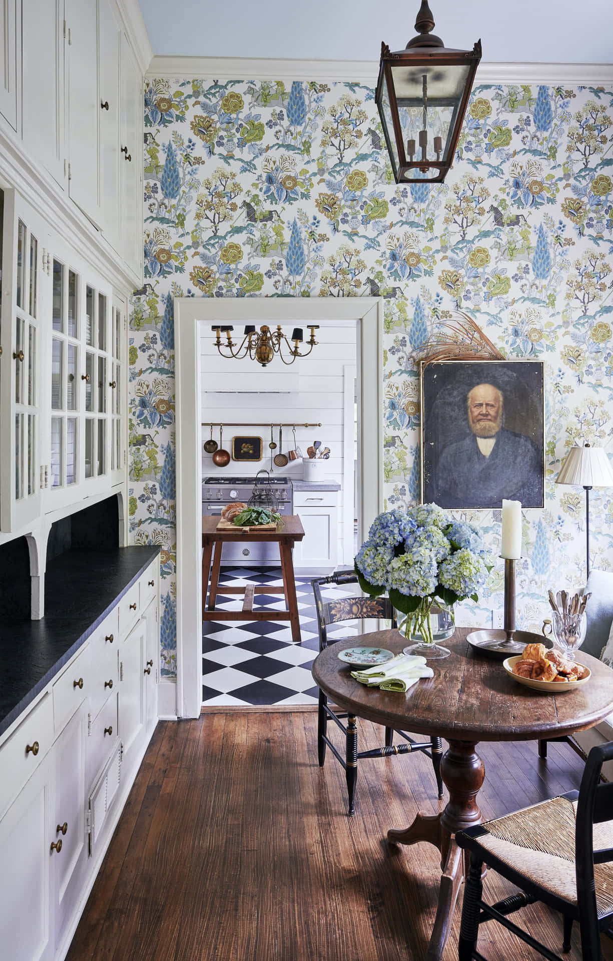 A Kitchen With Floral Wallpaper Wallpaper