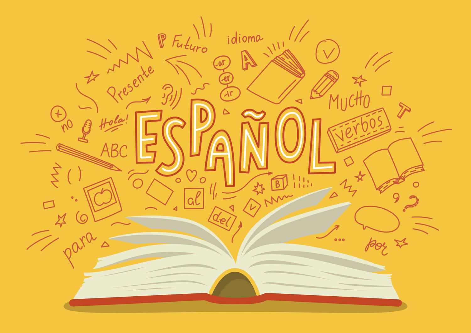 An Open Book With The Word Spanish Surrounded By Doodles