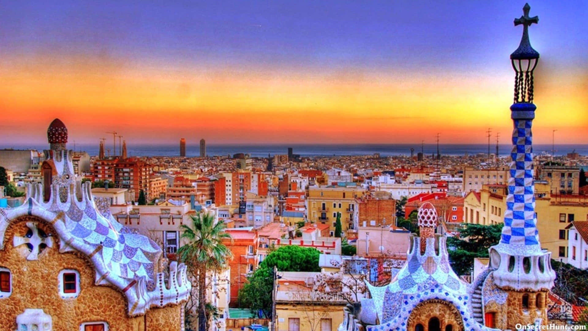 Barcelona,spanien Vid Solnedgången.