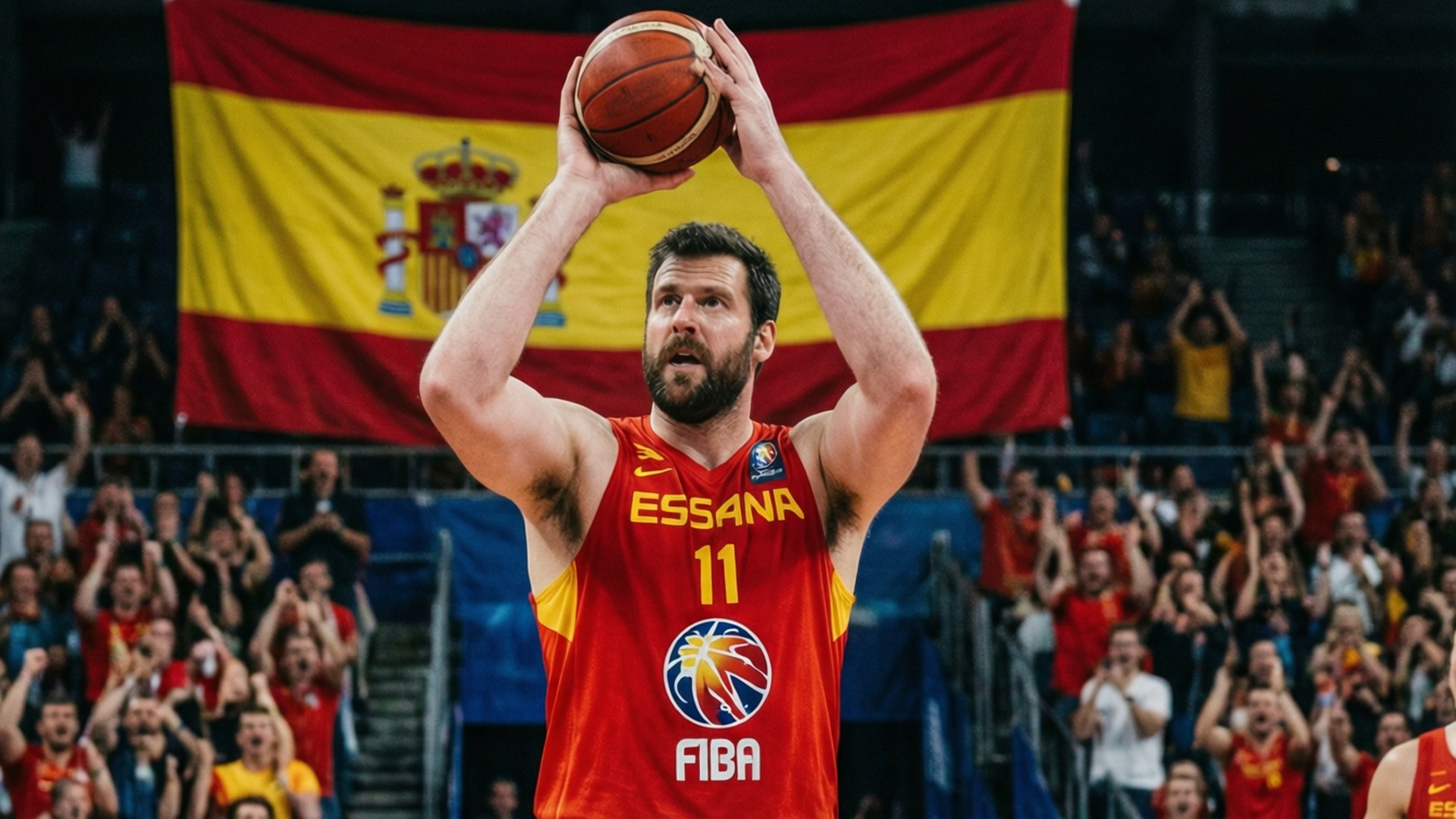 Spanischer Drei-Punkte-Wurf Wallpaper — Ein spanischer Basketballspieler im roten Trikot mit der Nummer 11 bereitet sich auf einen Wurf vor, hinter ihm eine spanische Flagge und jubelnde Menge.