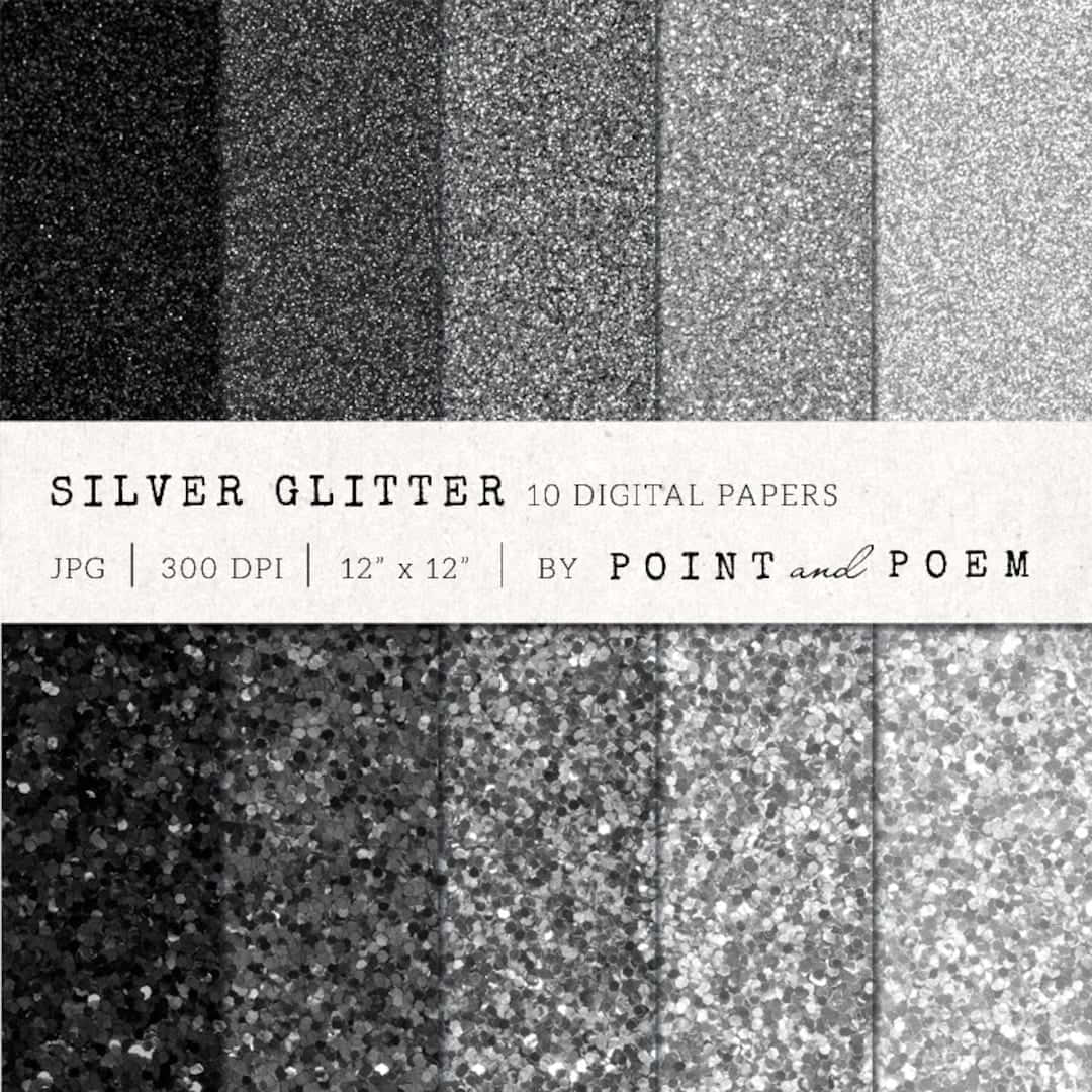 Bright silver sparkles glisten against a white background.