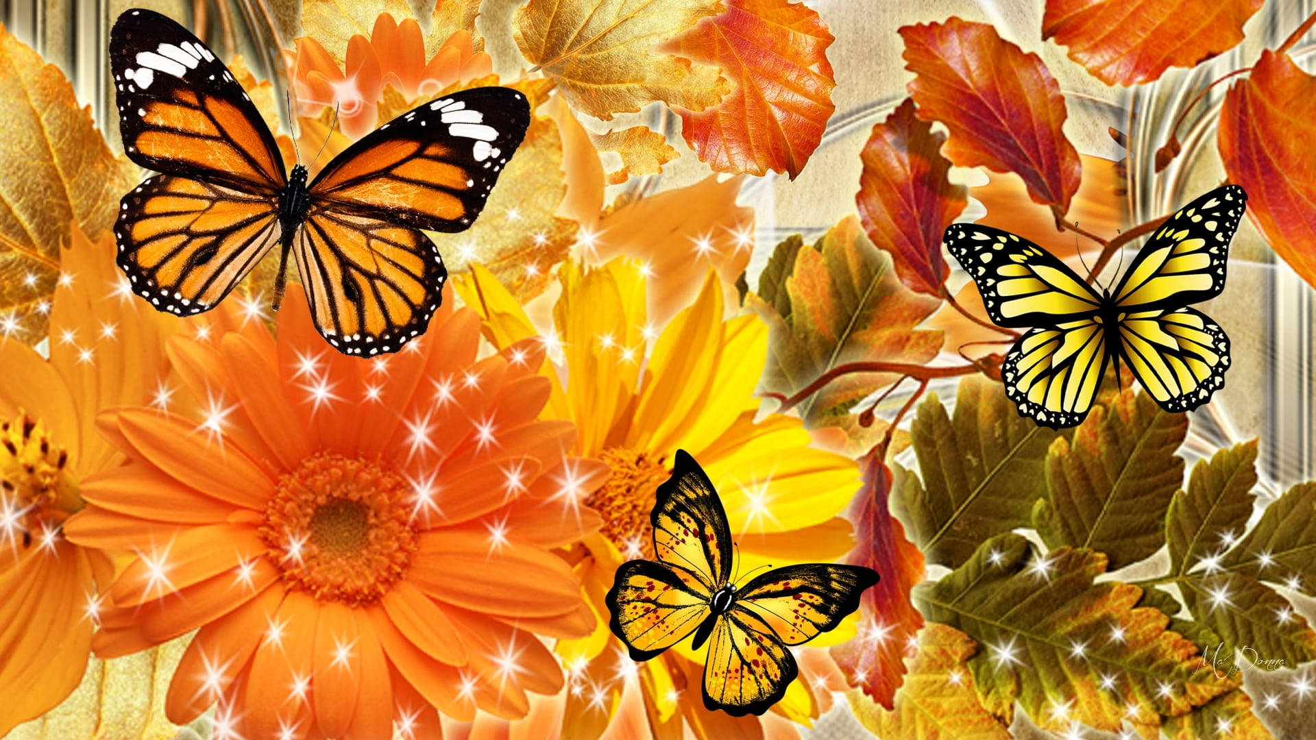 Glitzerndeästhetische Orange Schmetterlinge Mit Blumen Wallpaper