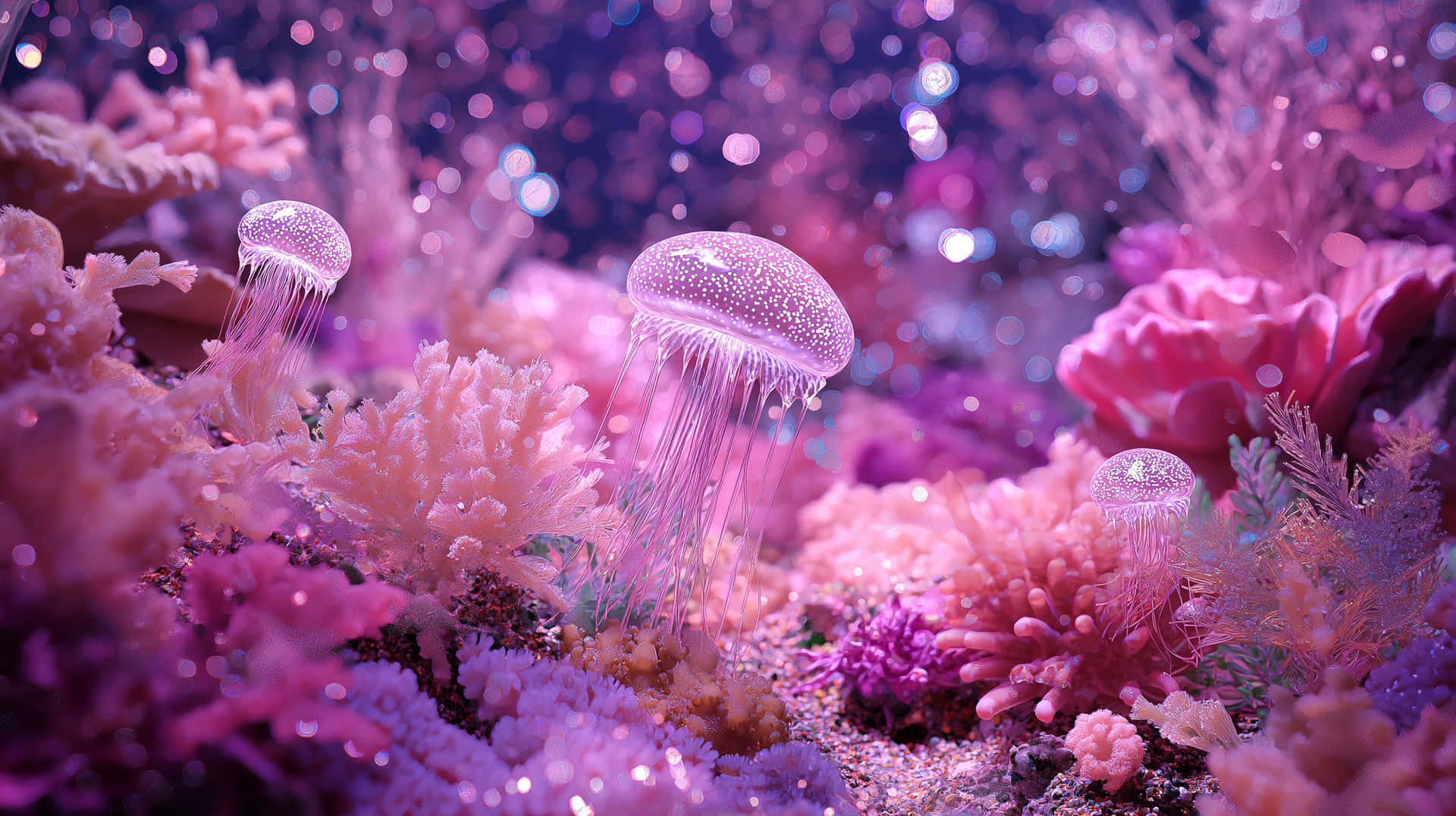 Sparkling Jellyfish In Vibrant Pink Coral Reef Scene Wallpaper