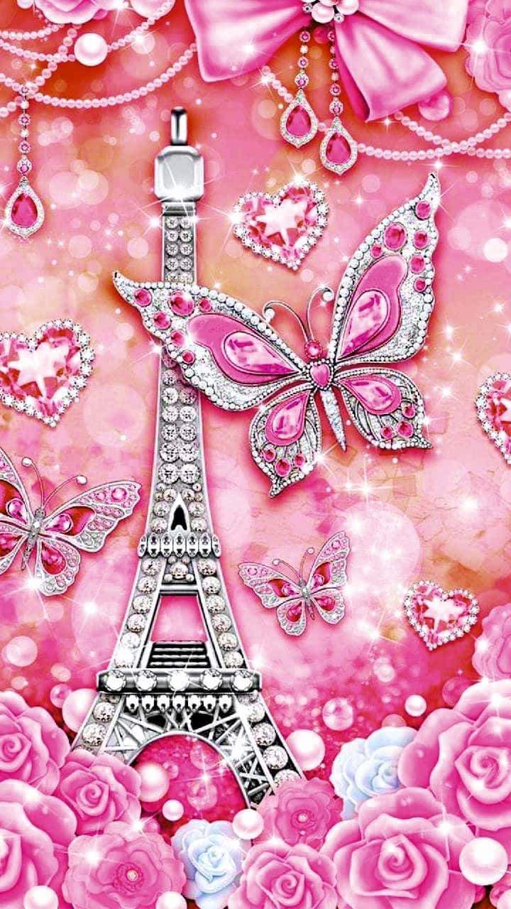 Sparkling_ Pink_ Paris_ Butterfly_ Theme Wallpaper