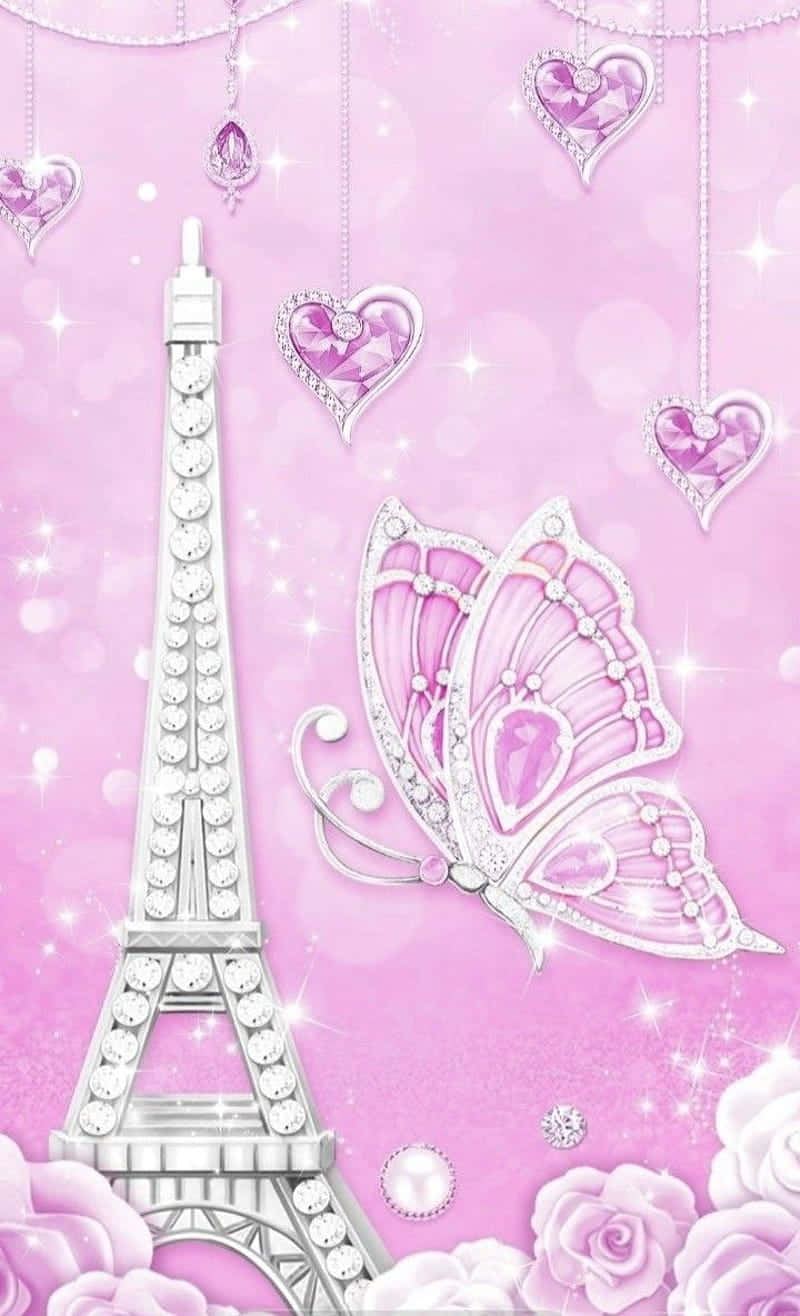 Sparkling Pink Paris Eiffel Towerand Butterfly Wallpaper