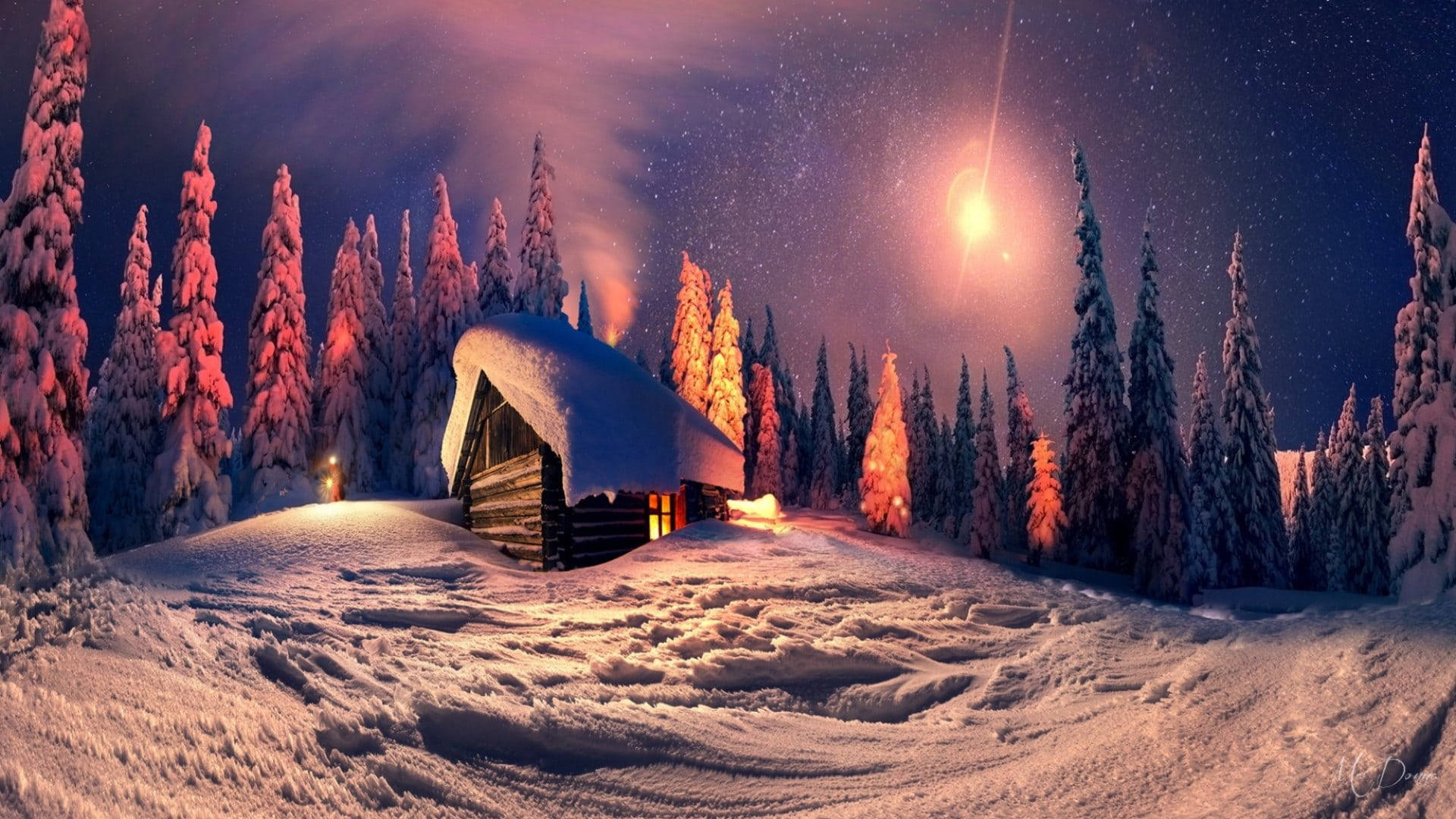 Sparkly Night Sky Above Cozy Winter Cabin Wallpaper