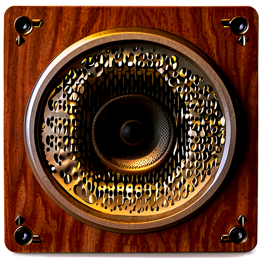 Vintage wooden speaker with golden perforated grille and metallic knobs. — Volume PNG