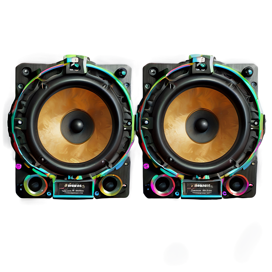 Two glowing speakers with rainbow LED lights on a dark surface. — Volume PNG