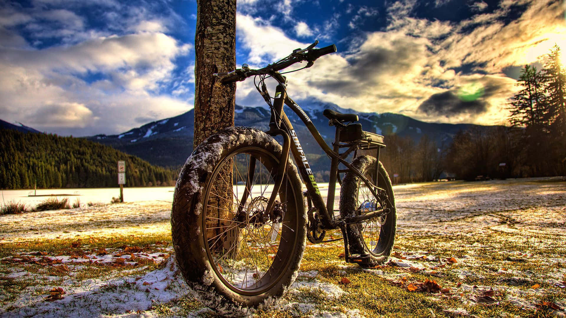 Bicicletade Montaña Specialized De Cuadro Ancho En Nieve Derretida. Fondo de pantalla