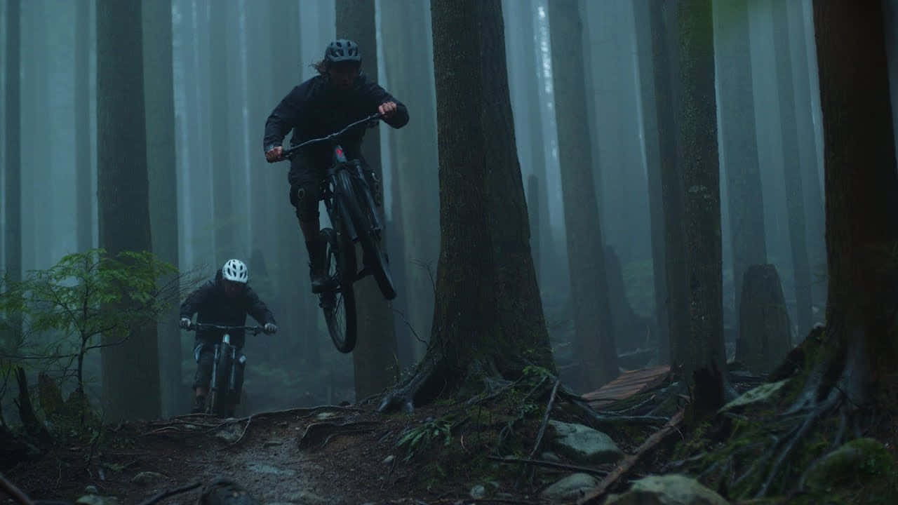 Duemountain Biker Che Guidano Attraverso Una Foresta Sfondo