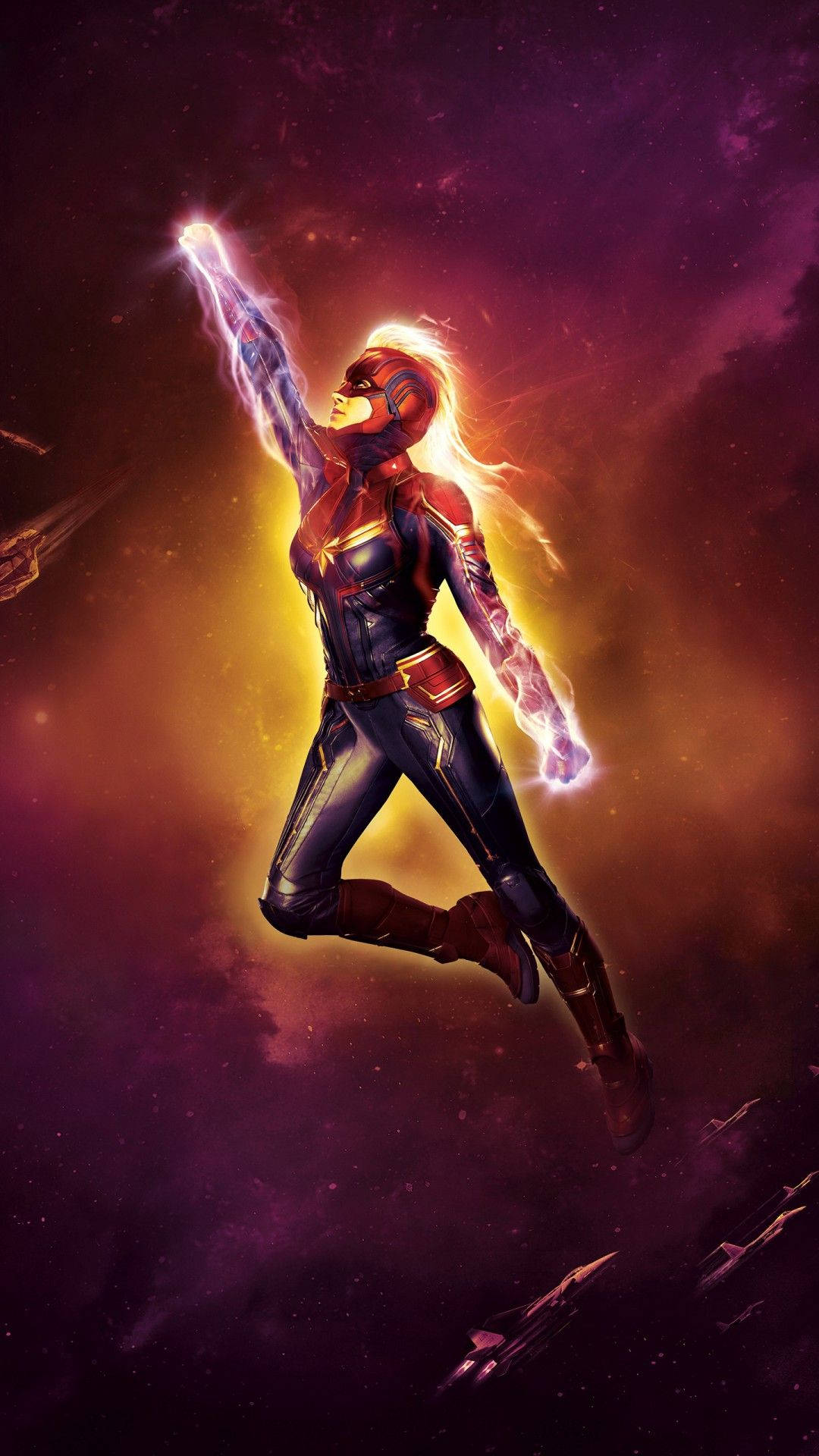Espectacularfondo De Pantalla De Captain Marvel Volando Para Iphone. Fondo de pantalla