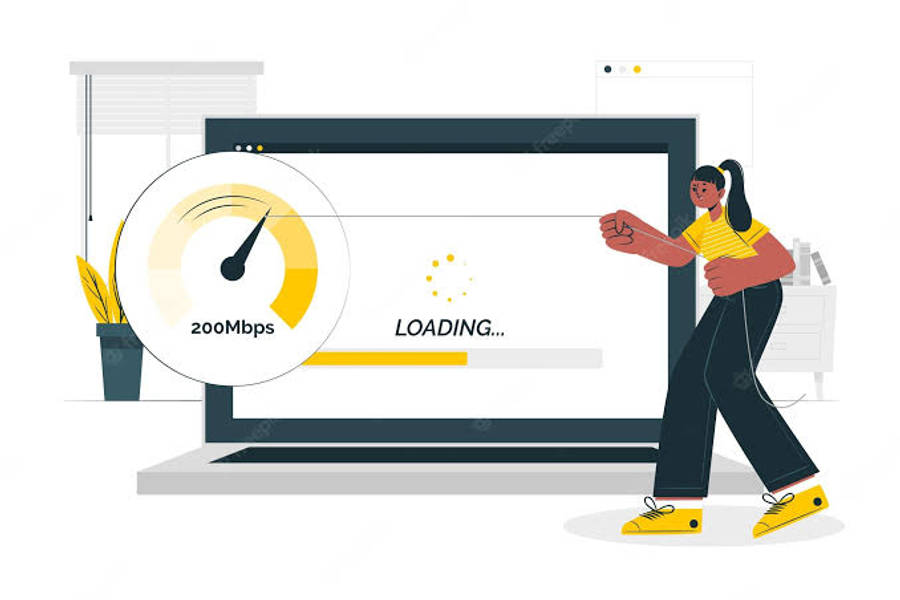 Woman pushing a laptop showing loading screen and 200Mbps speedometer