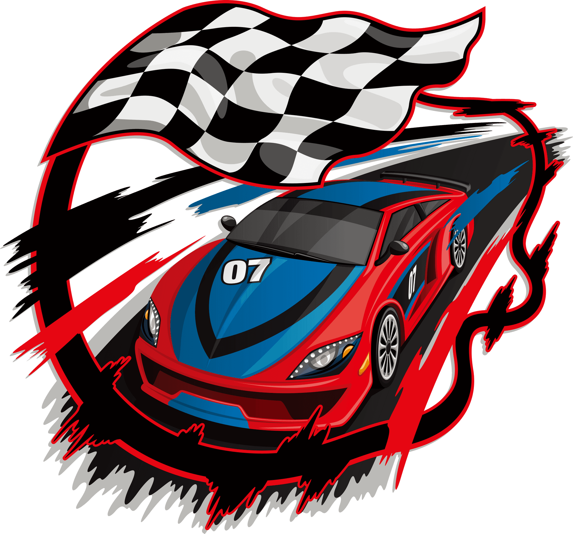 Speeding Race Car Number07with Checkered Flag PNG