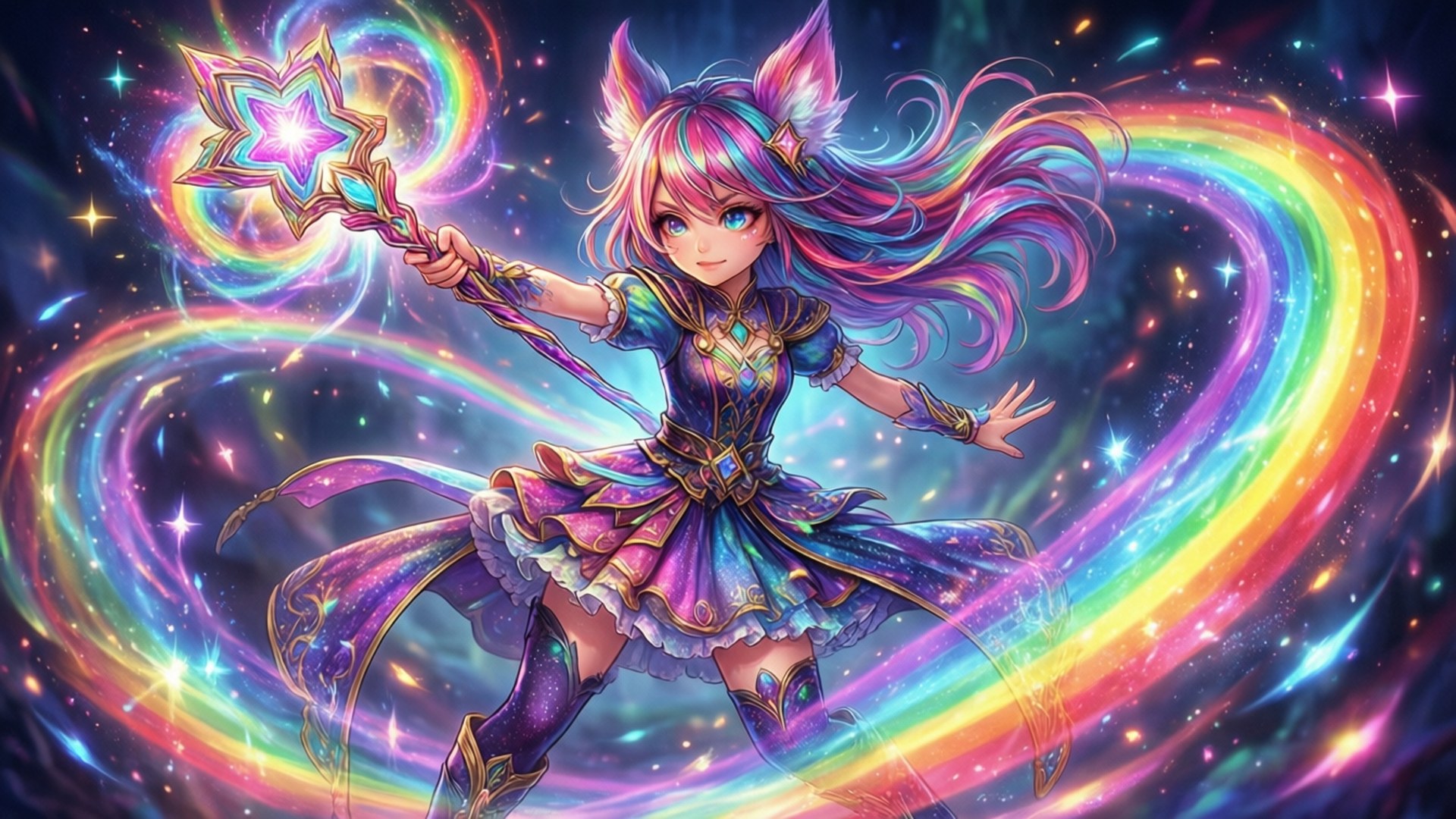 Anime girl with rainbow hair holding a glowing star wand in a cosmic rainbow swirl.