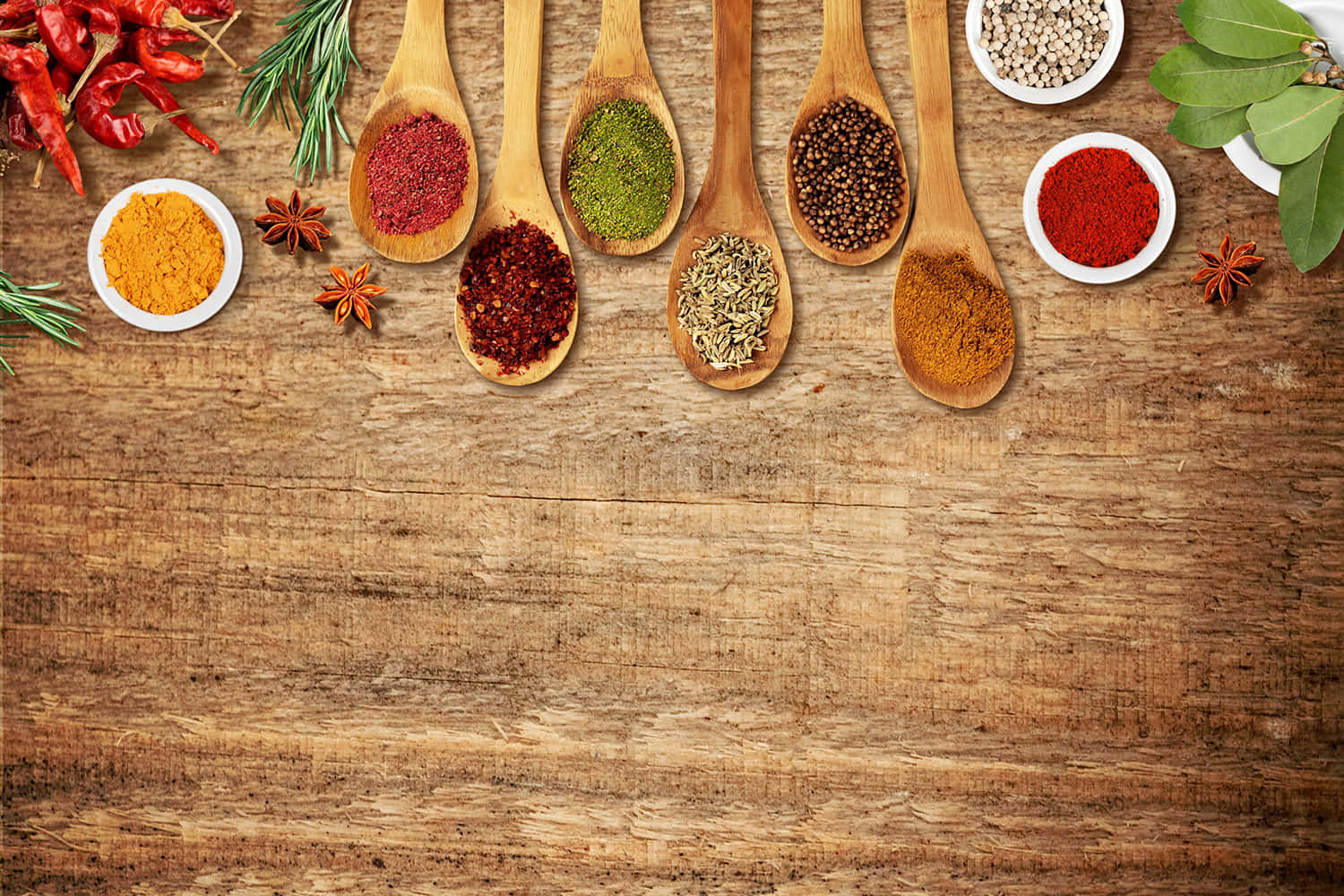 Spices And Herbs On Wooden Spoons