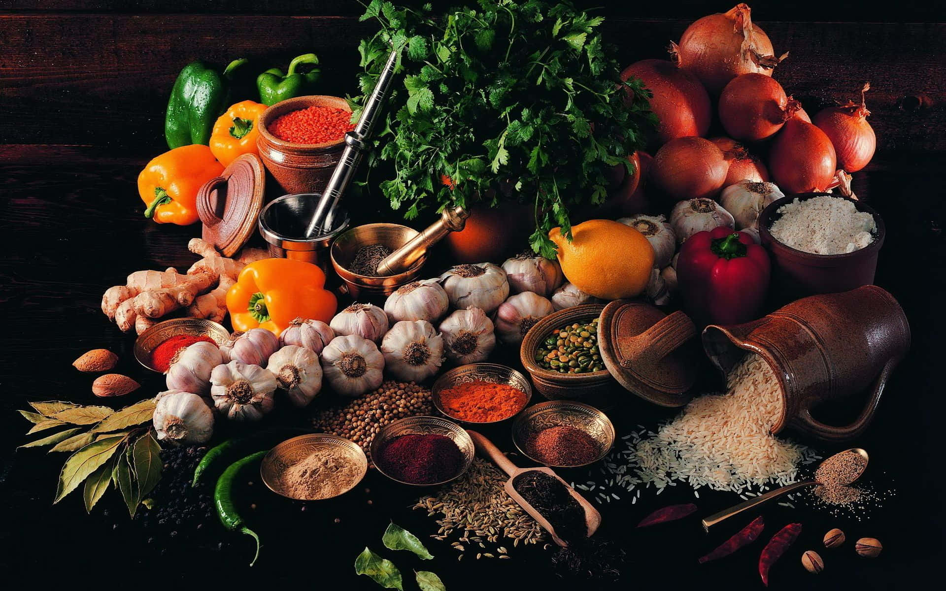 A Variety Of Spices And Vegetables Are Arranged On A Table