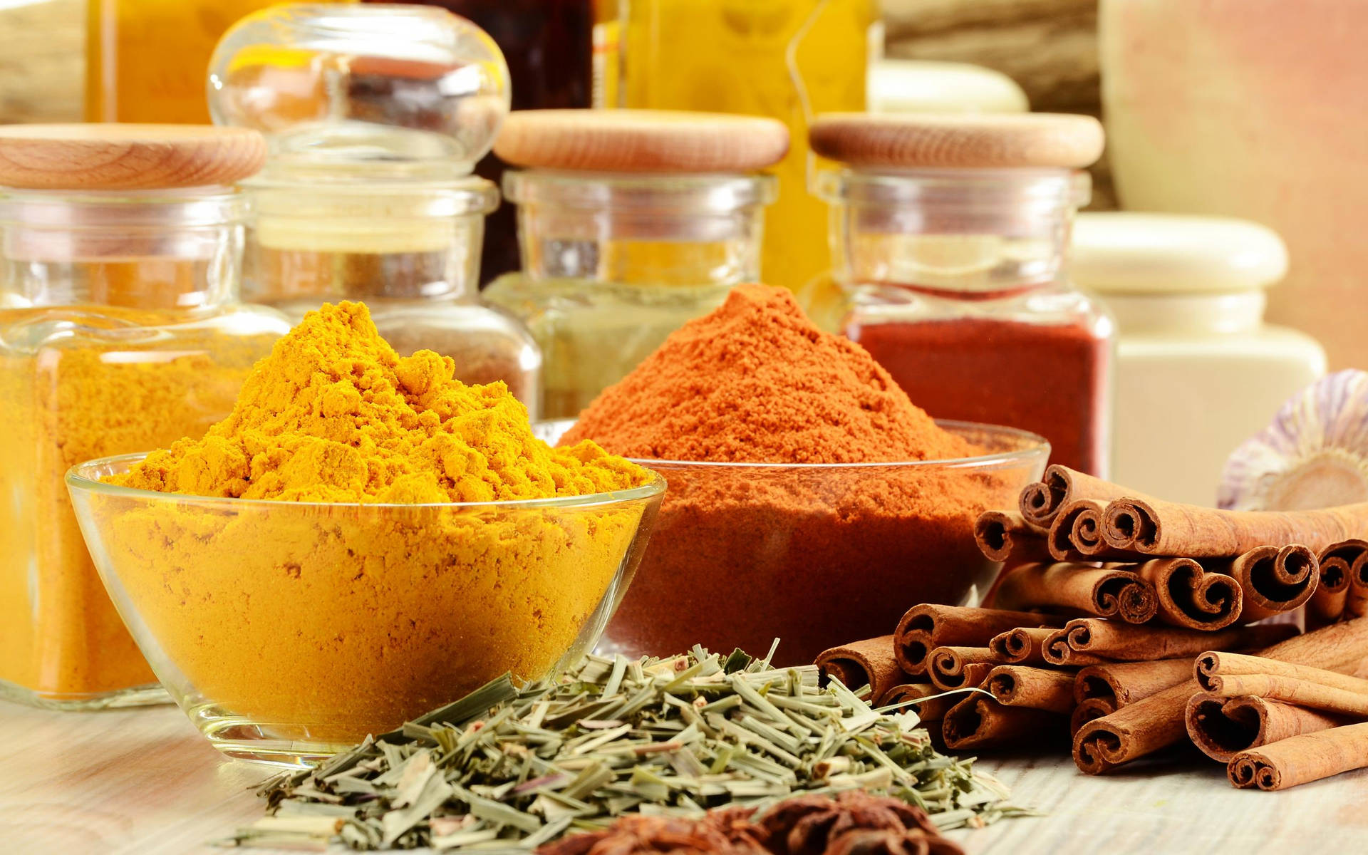 Spices On Glass Bowls And Containers Wallpaper