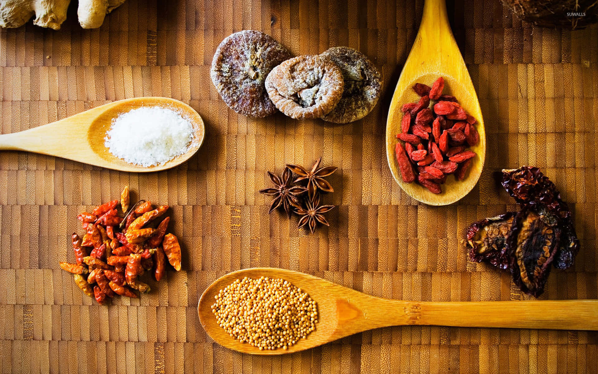 Spices On Wooden Spoons Wallpaper