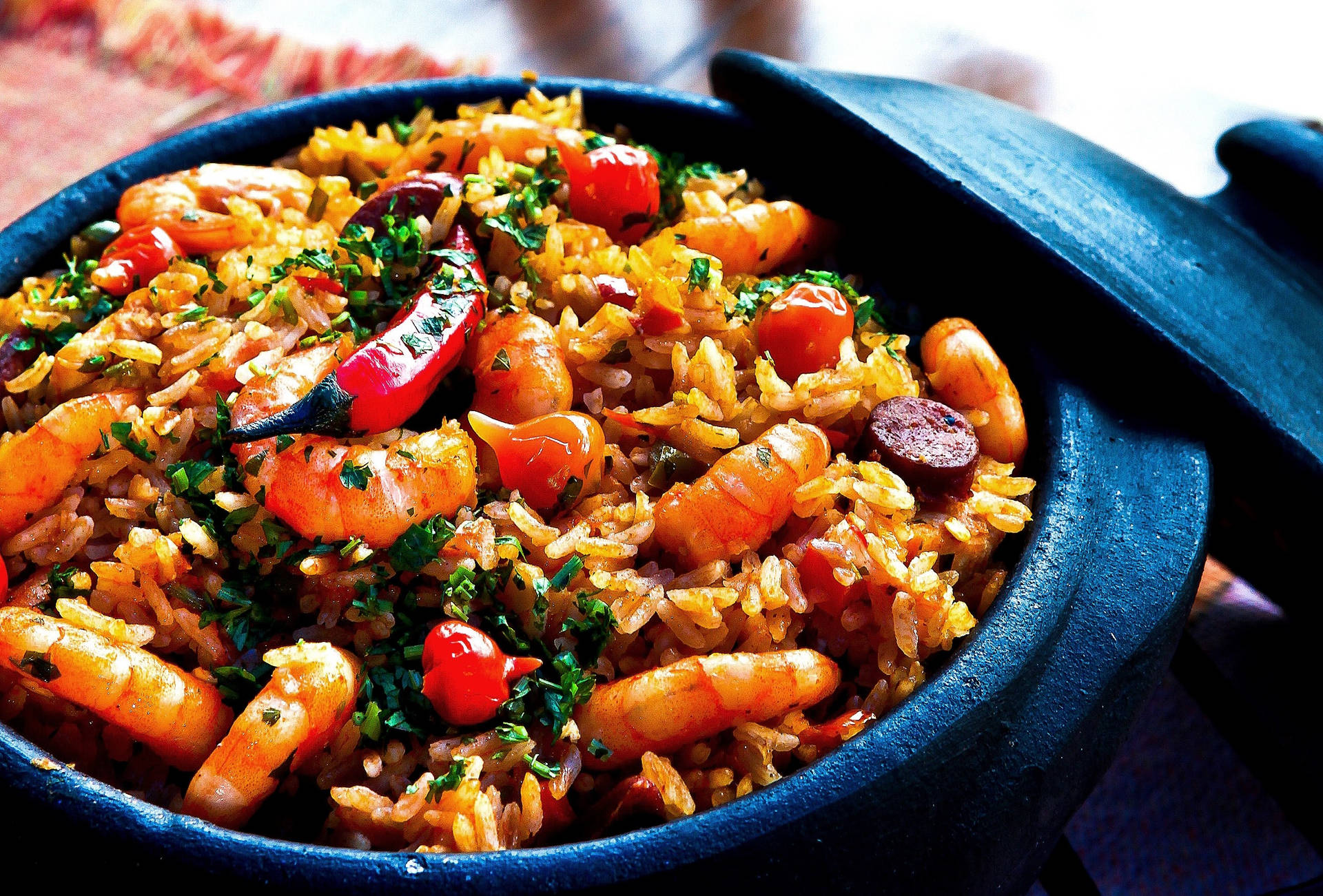 Spicy Shrimp Paella In A Large Pot Wallpaper