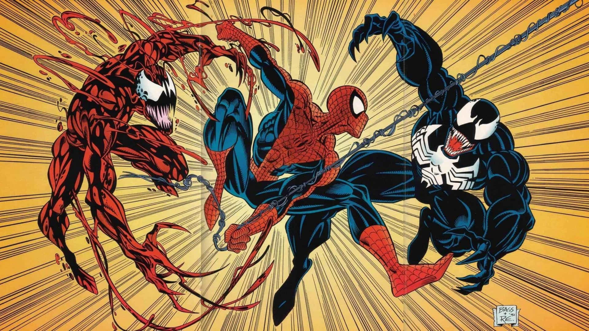 Spiderman Og Venom Kæmper I Tegneserien. Wallpaper
