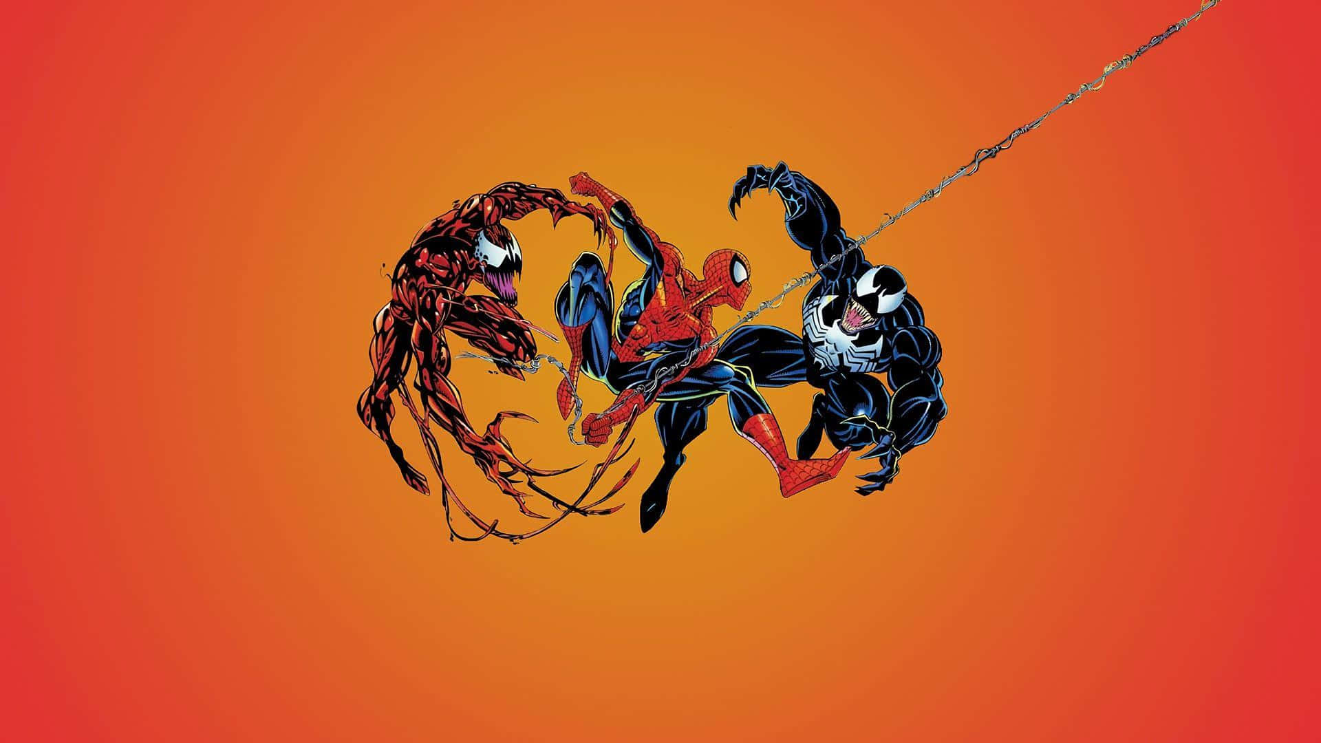 Spiderman Och Venom På En Orange Bakgrund. Wallpaper