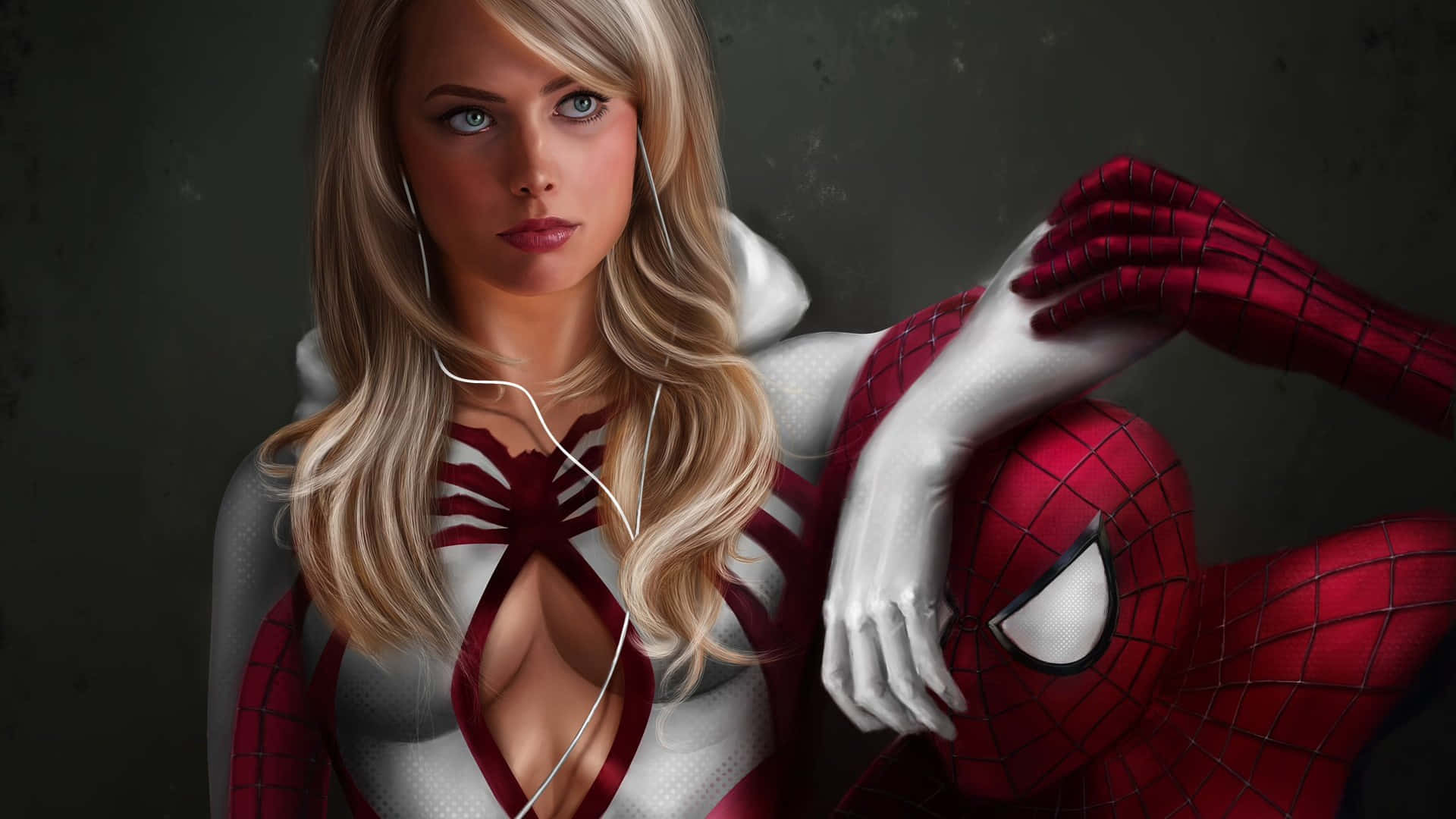 Einefrau Im Spider-man-kostüm Posiert Mit Ihren Kopfhörern.