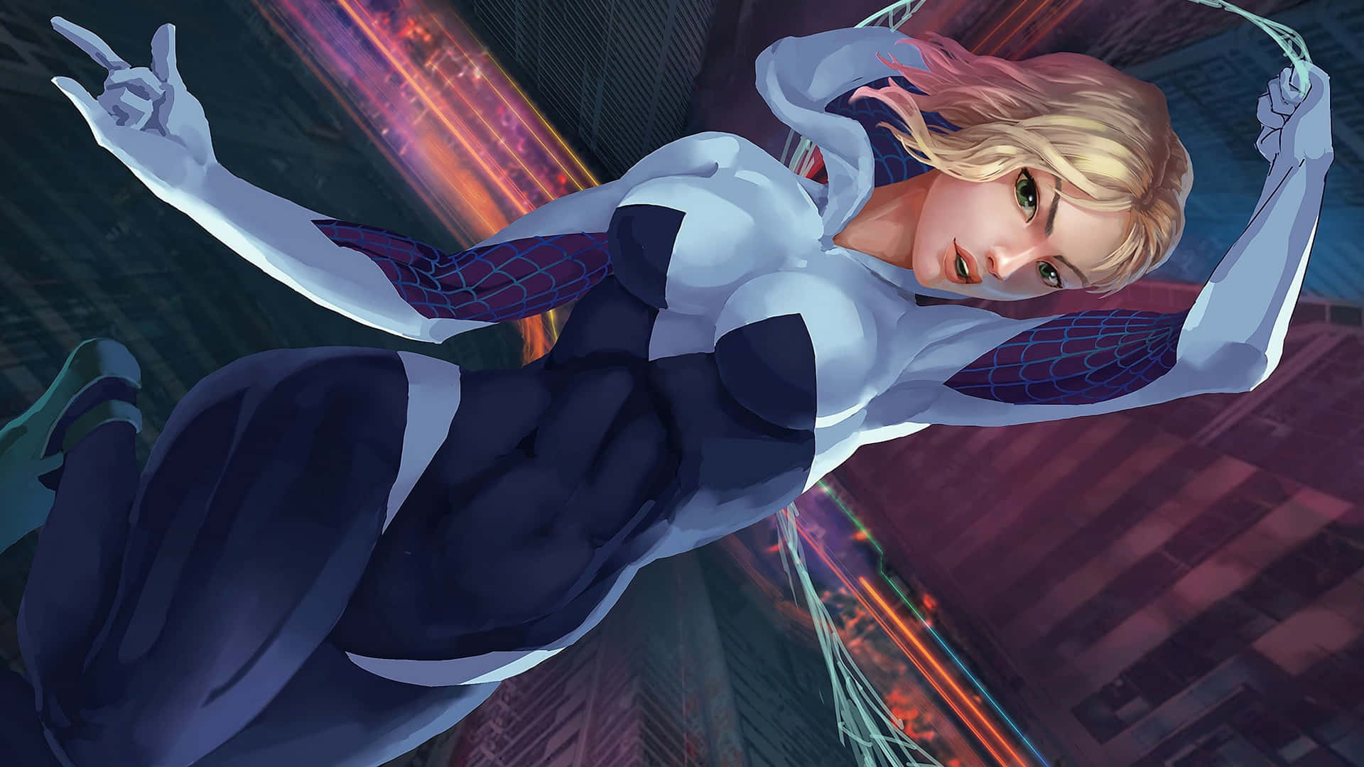 Spider Gwen web swinging in a cityscape