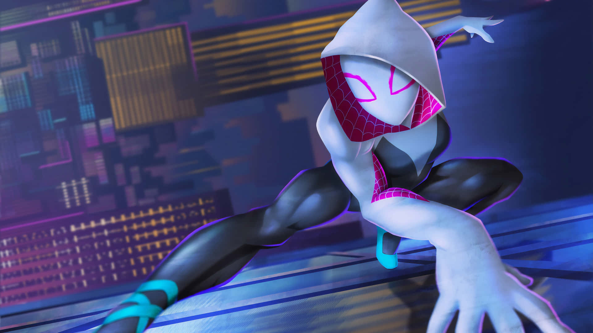 Spider-Gwen swinging on her web