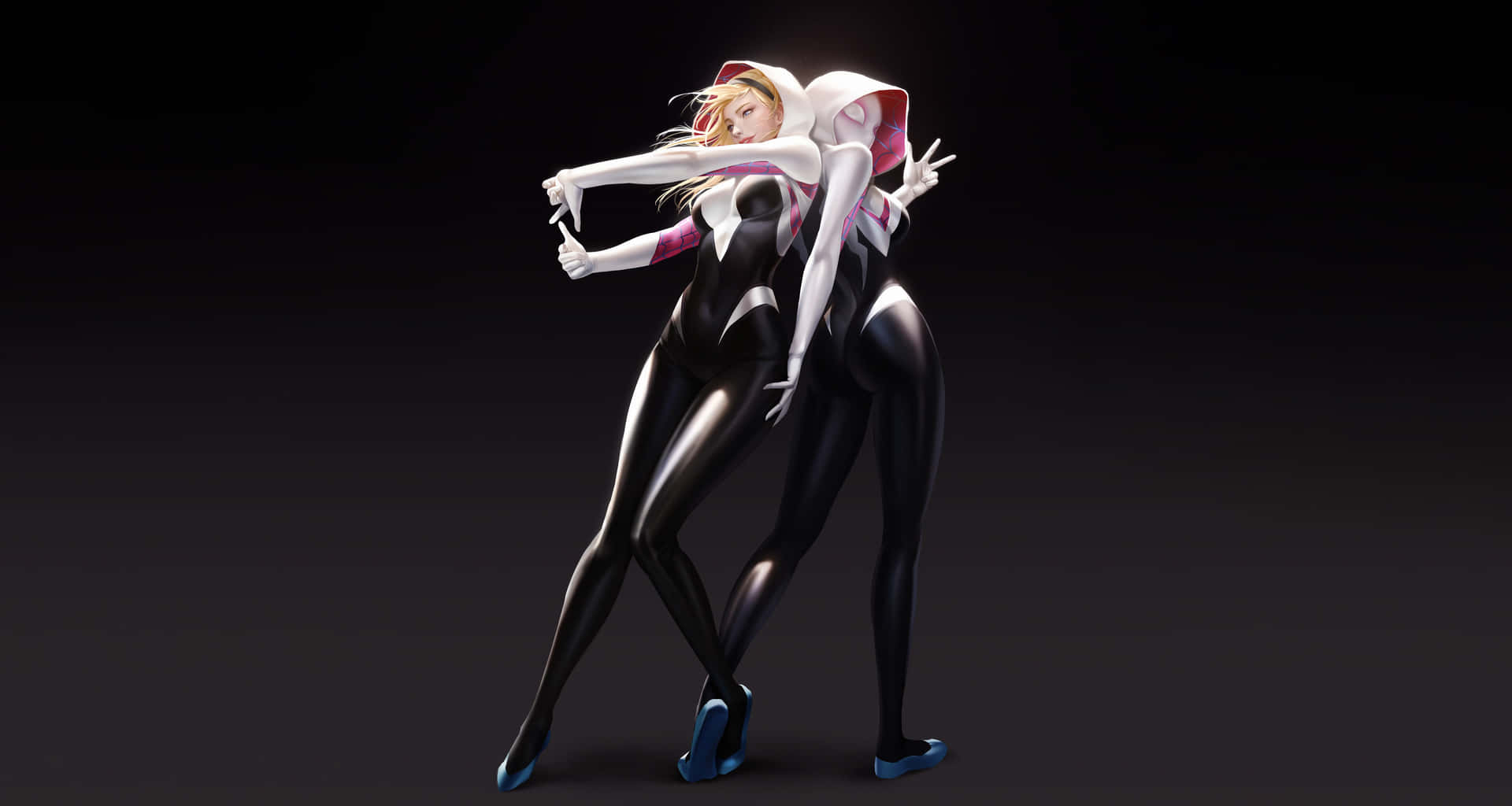 "Spider-Gwen swinging high, looking beautiful and powerful"