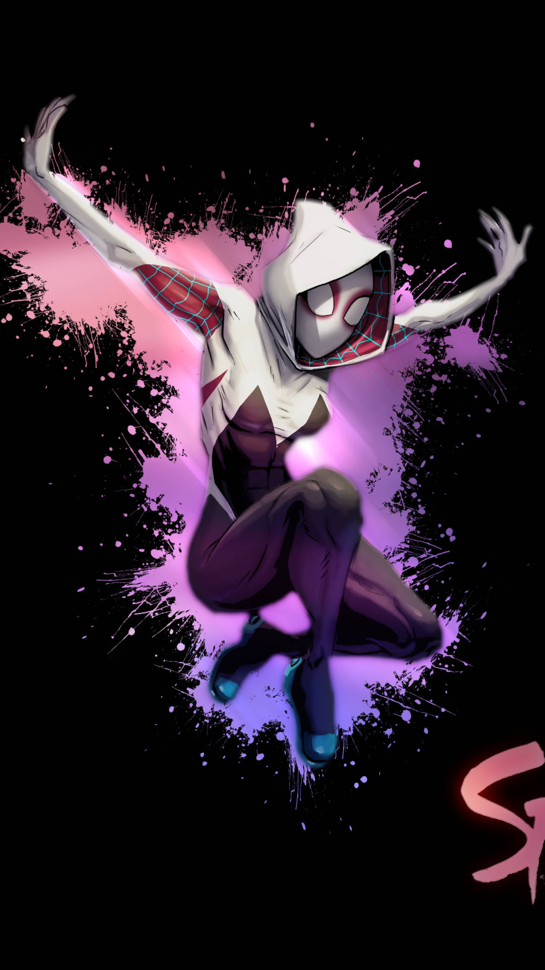 Spider Gwen in a vibrant pink and purple suit Wallpaper