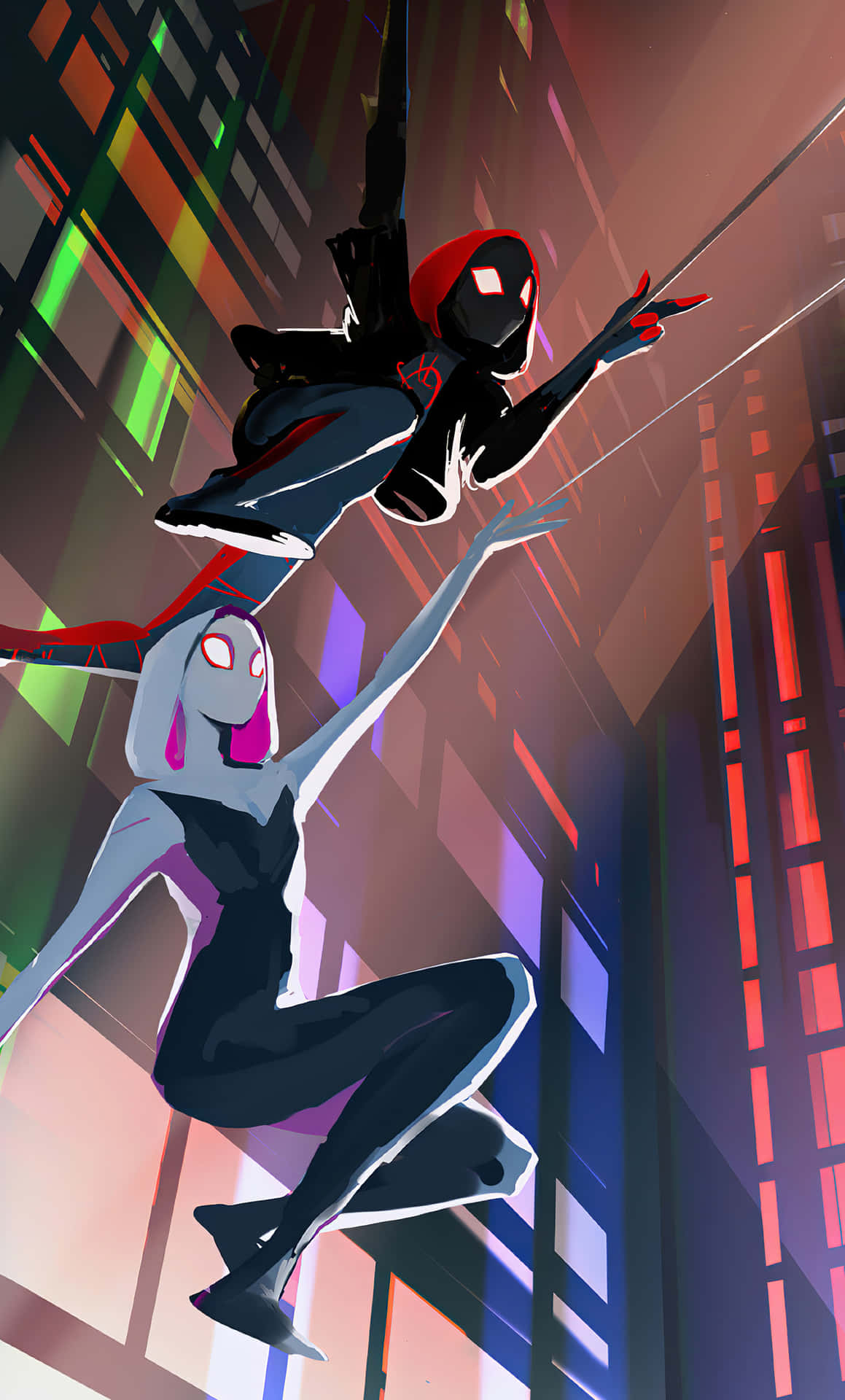 Spider Gwenand Miles Swinging Through City Wallpaper