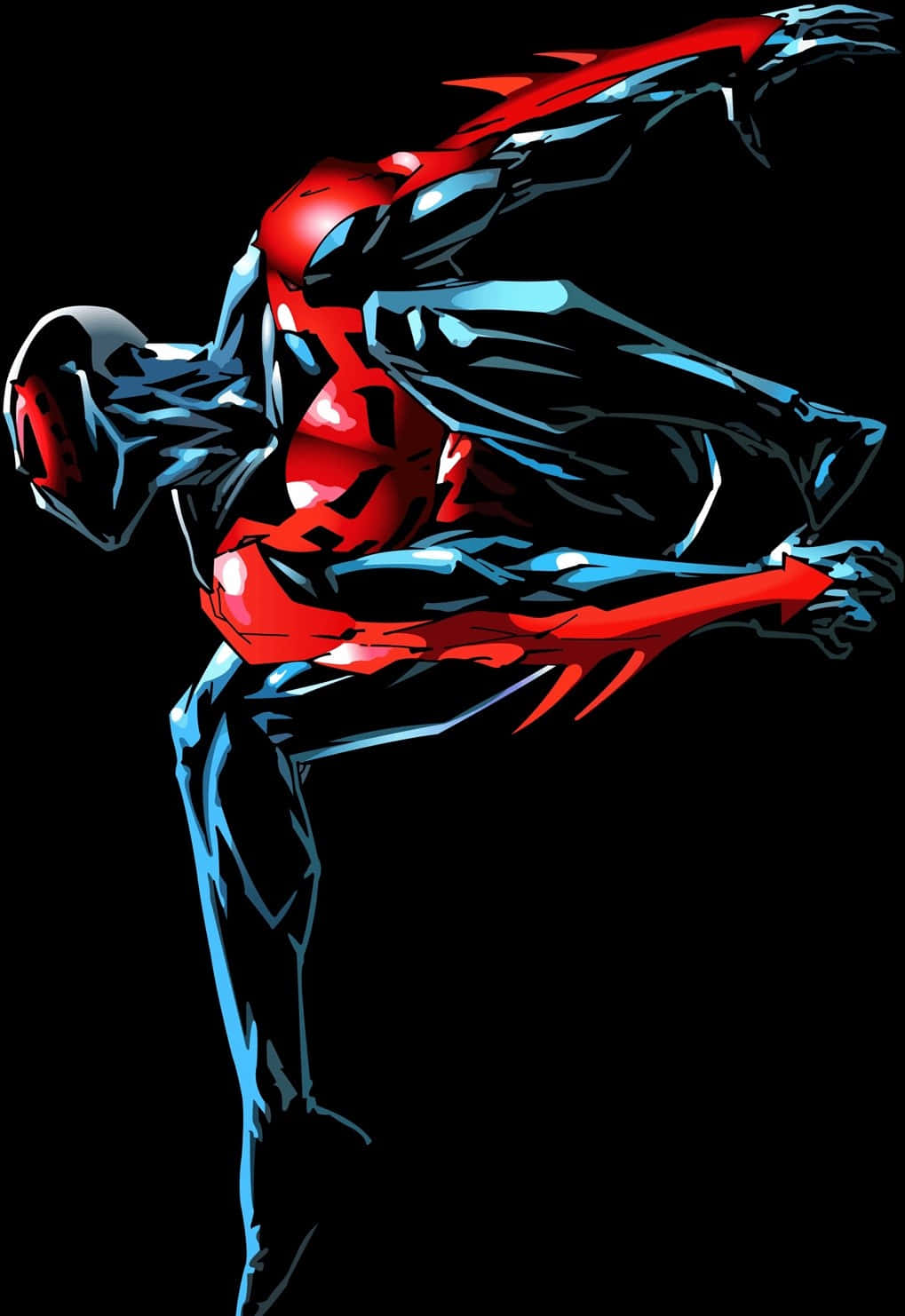 Spiderman 2099 Balanceándose En Medio Del Paisaje Urbano Futurista. Fondo de pantalla
