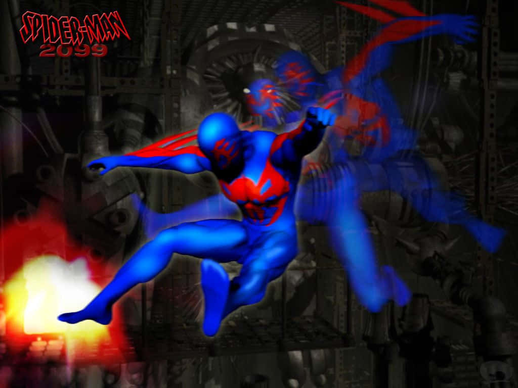 Spiderman 2099 Balanceándose Por La Metrópolis Del Futuro Fondo de pantalla