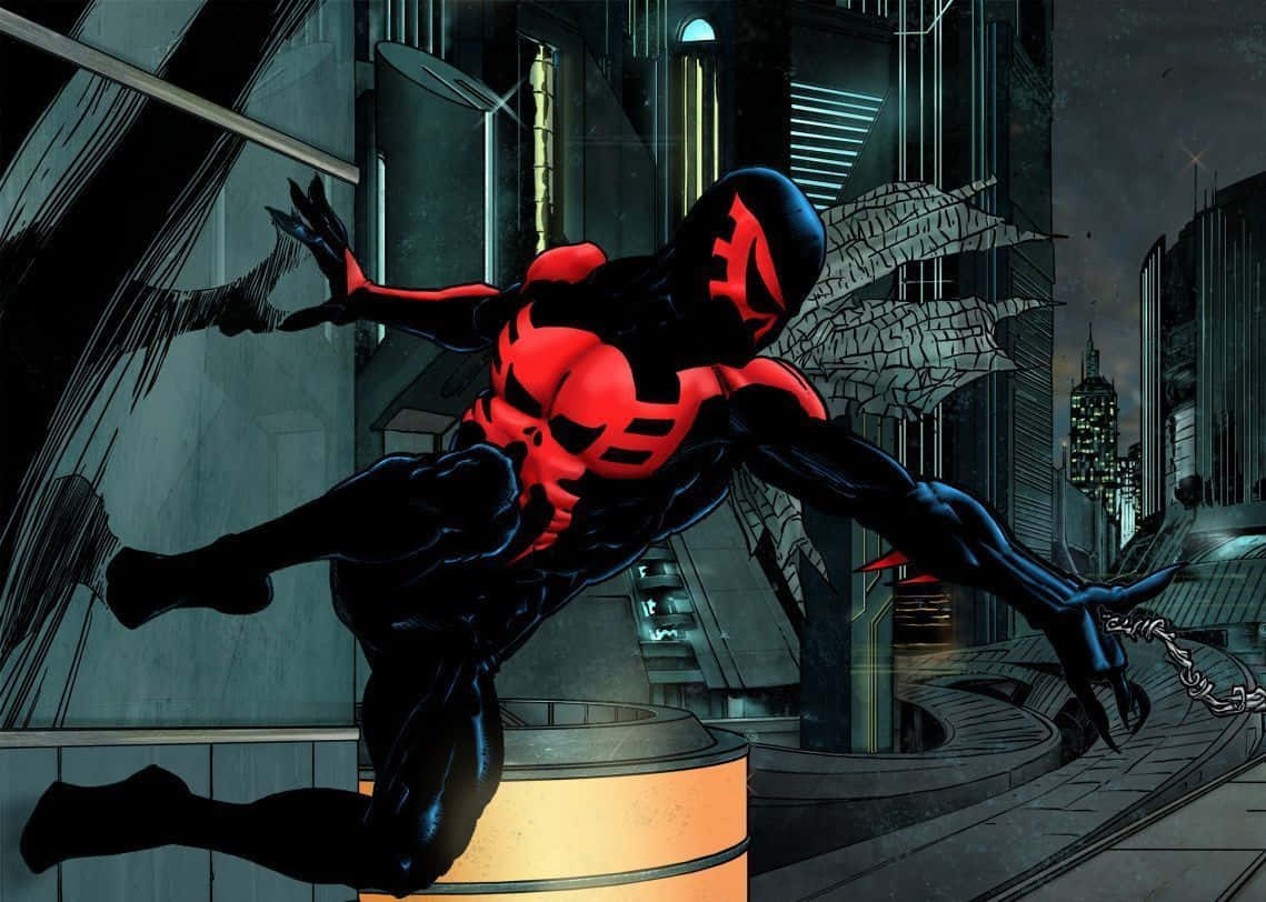 Spider-Man 2099 Swinging Through Futuristic Cityscape Wallpaper