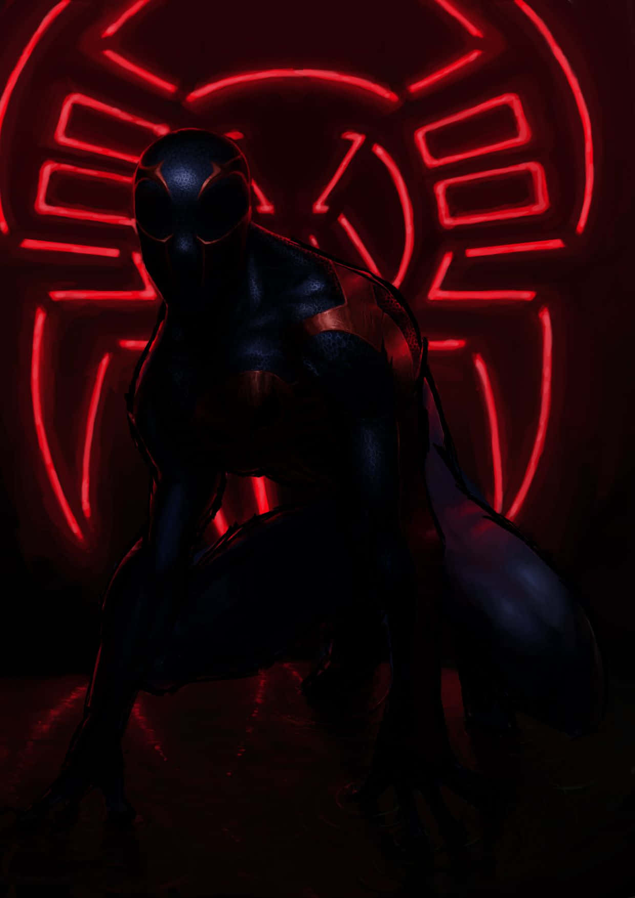 Spider-Man 2099 Swinging through the Future Cityscape Wallpaper