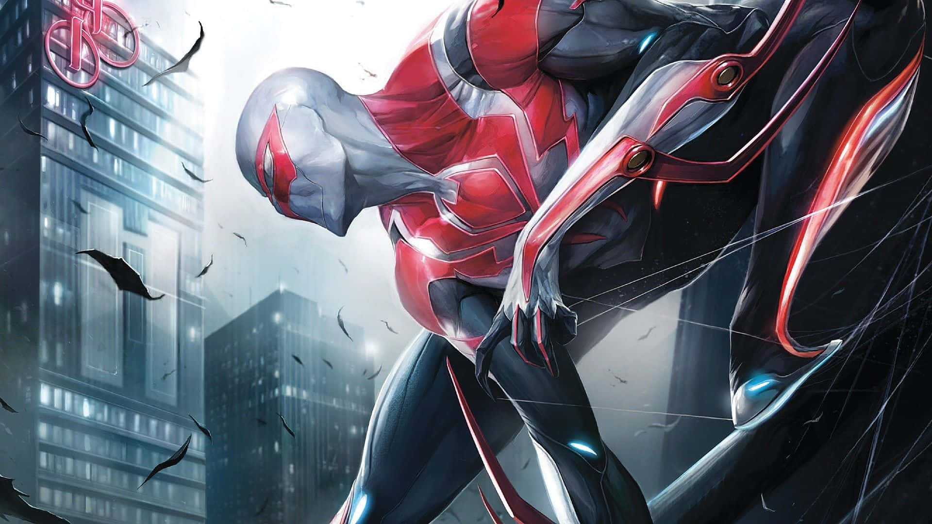 Spider-Man 2099 Swinging Through the City Wallpaper