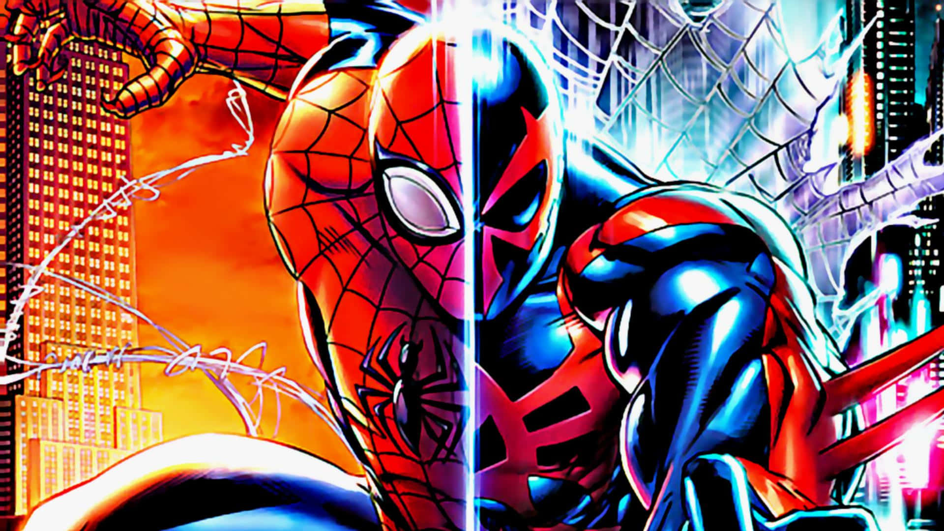 Spider-Man 2099 in action in a futuristic cityscape Wallpaper