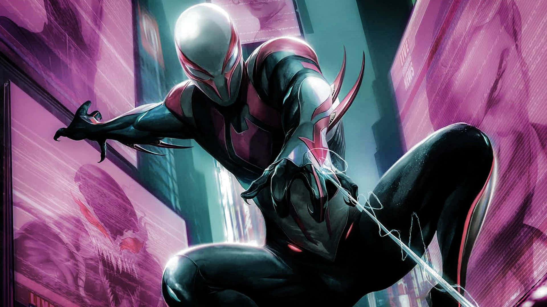 Spider-Man 2099 Swinging through the Future City Wallpaper