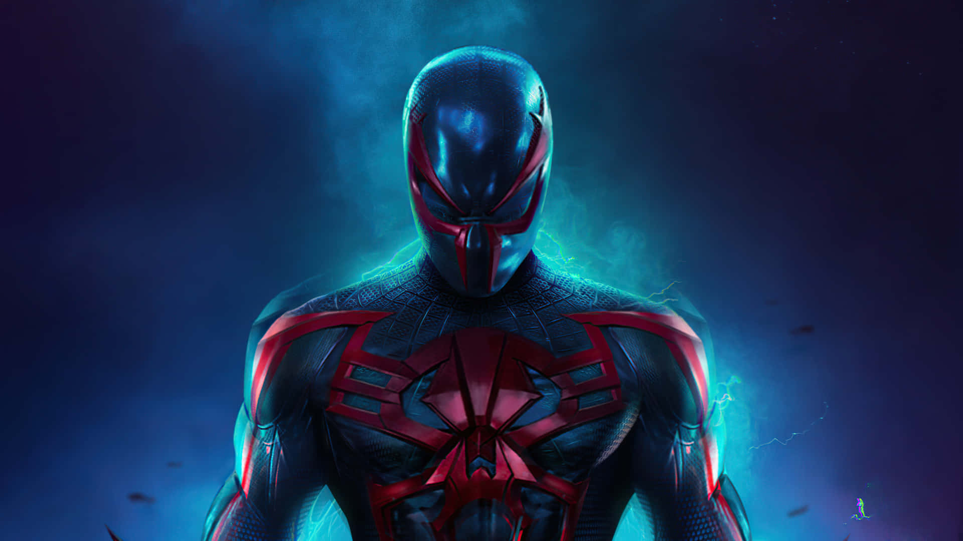 Spider-Man 2099 Swinging Through the Futuristic City Wallpaper