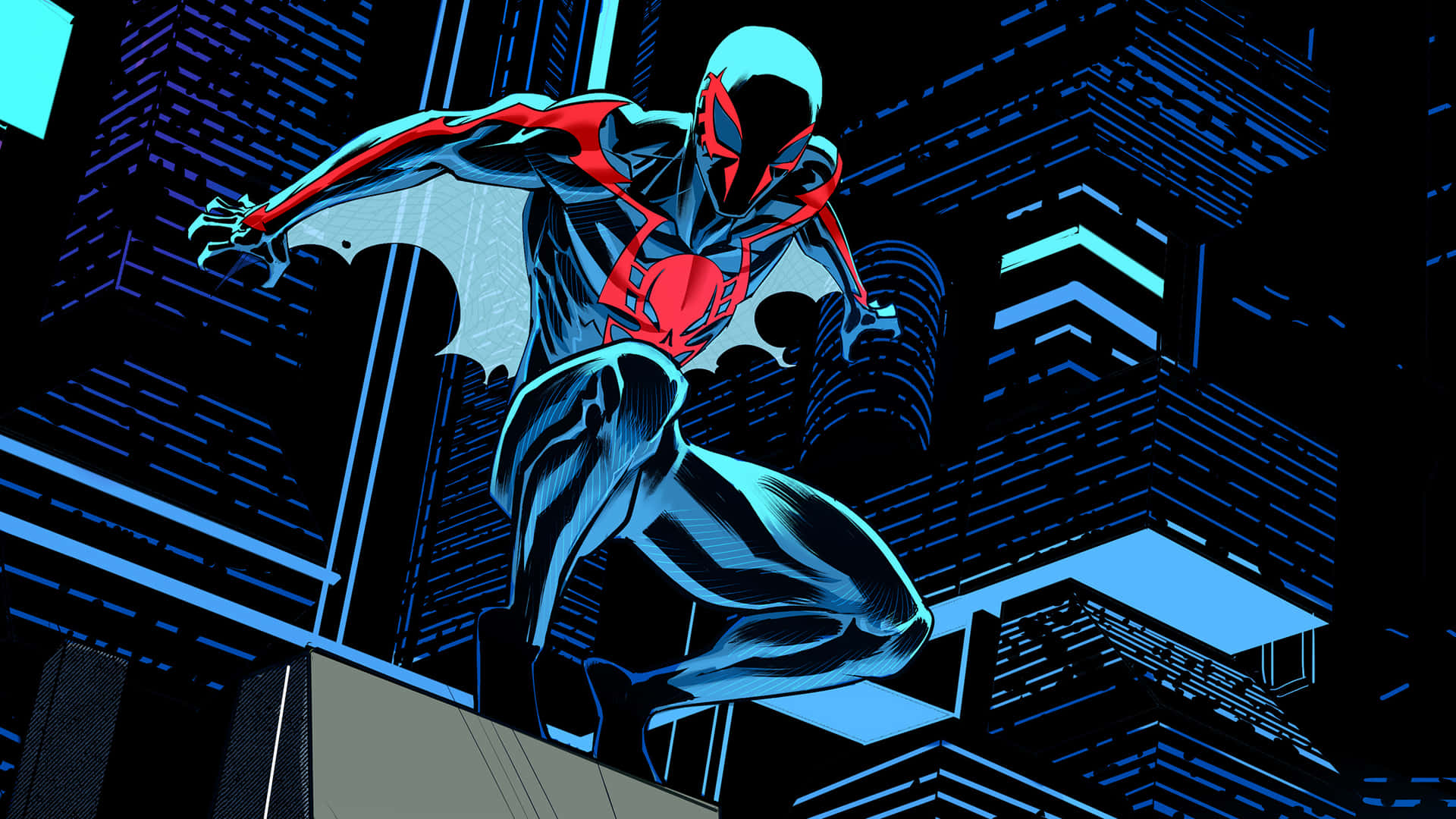 Spiderman 2099 Columpiándose A Través De La Ciudad Del Futuro. Fondo de pantalla