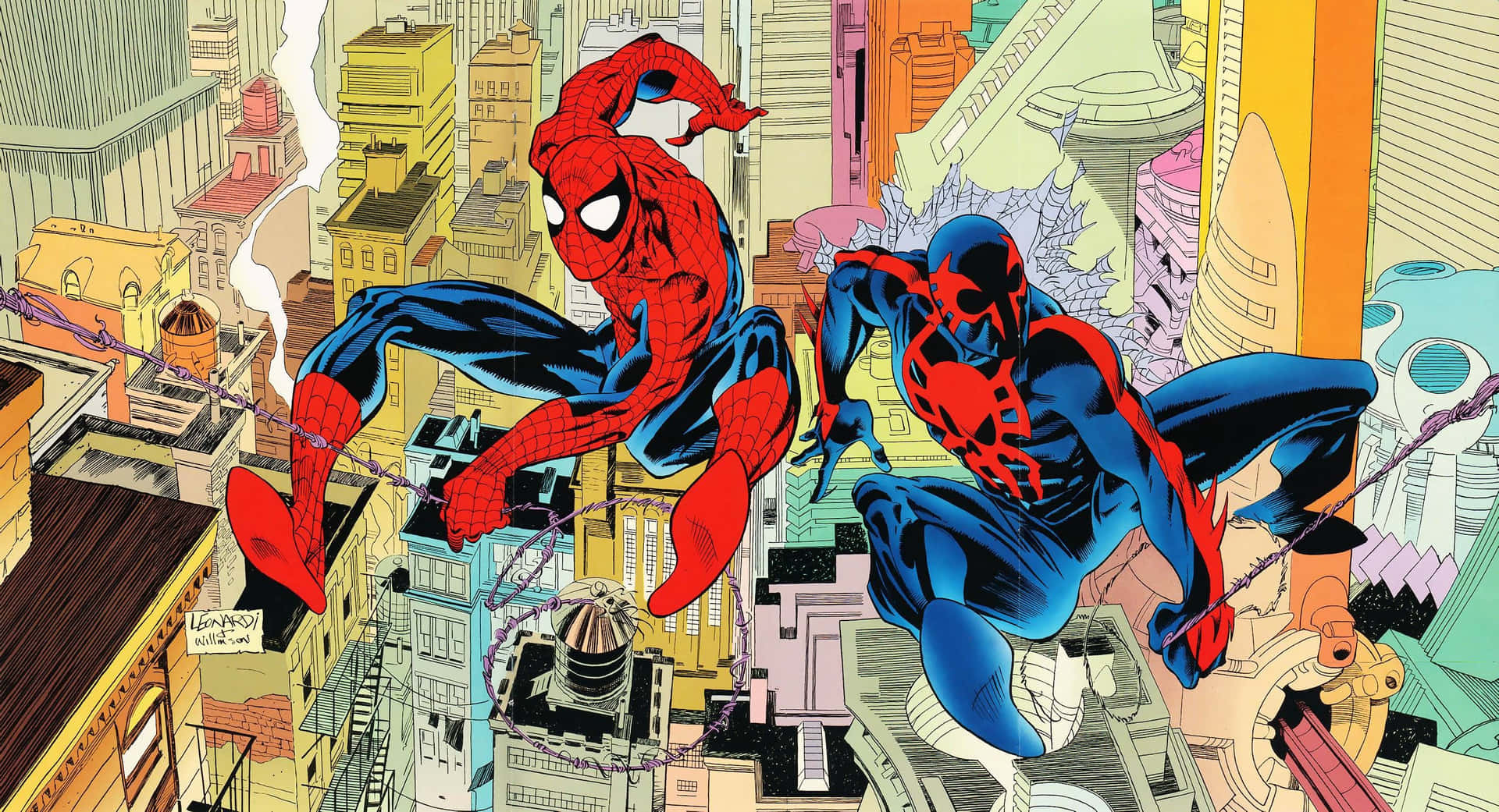 Spider-Man 2099 in an action-packed scene, swinging through the futuristic city Wallpaper
