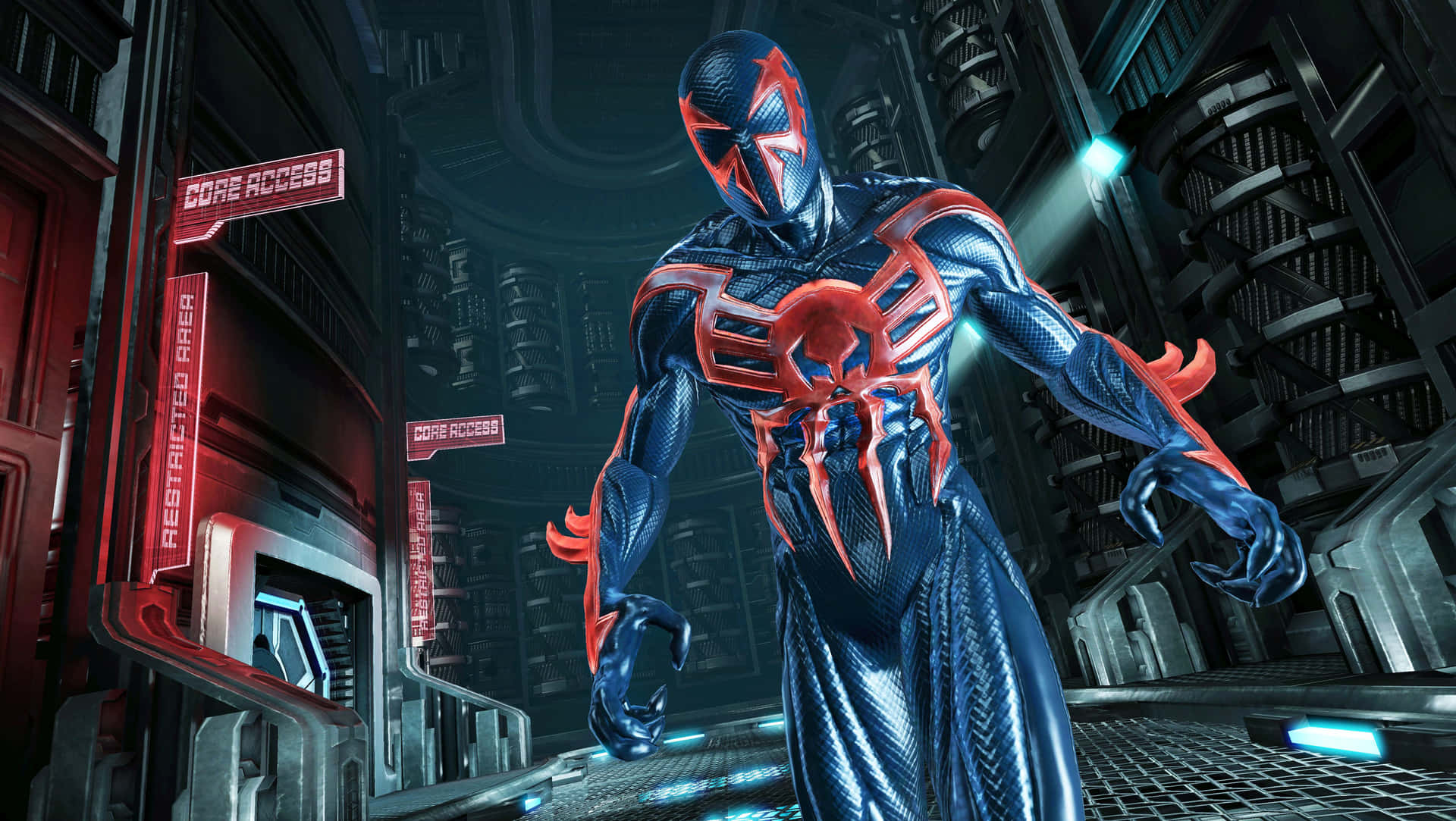 Spider-Man 2099 Swinging Through the Futuristic City Wallpaper