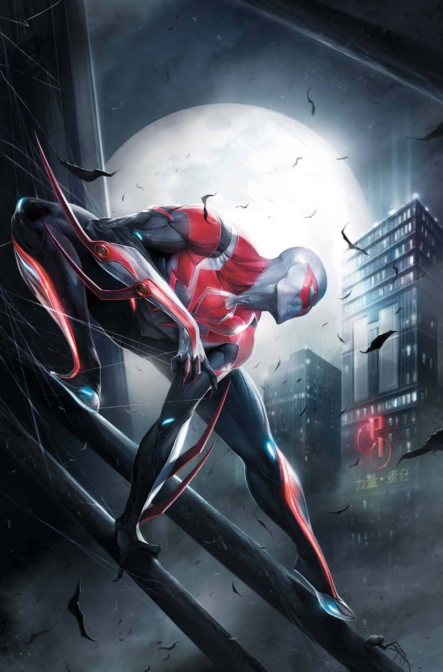 Spiderman 2099 Balanceándose Por La Ciudad Fondo de pantalla