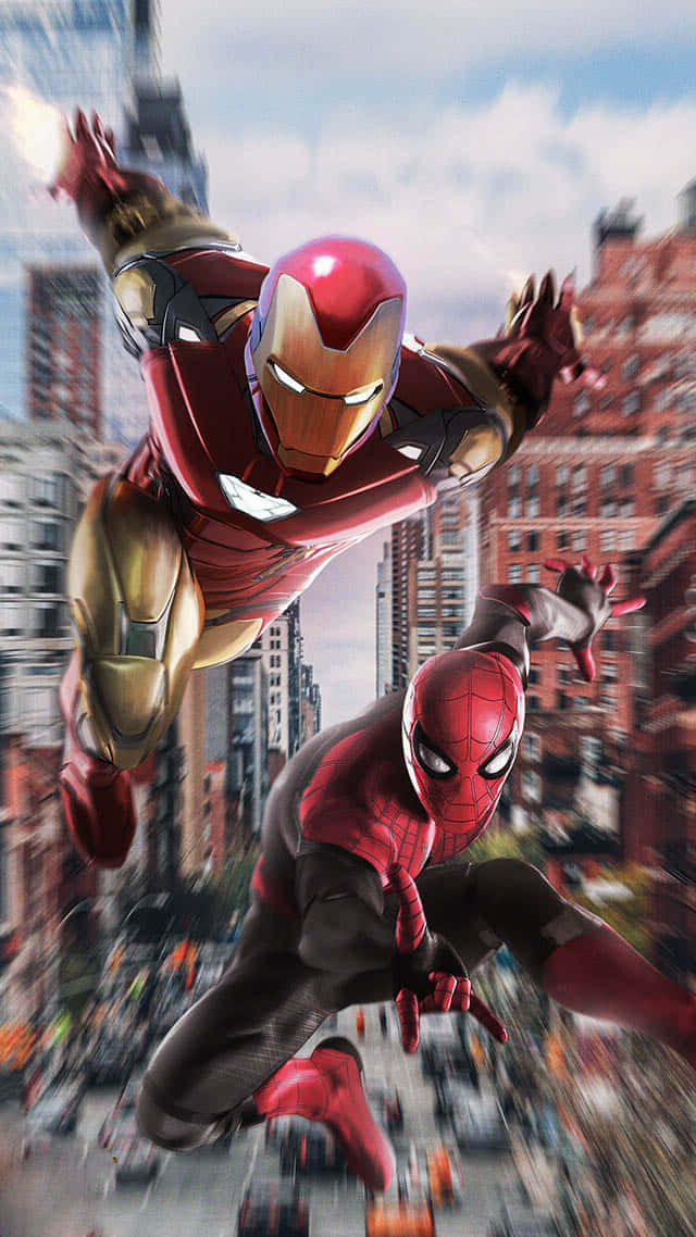Two legendary superheroes, Spider Man&Iron Man side-by-side in genre-defining action Wallpaper