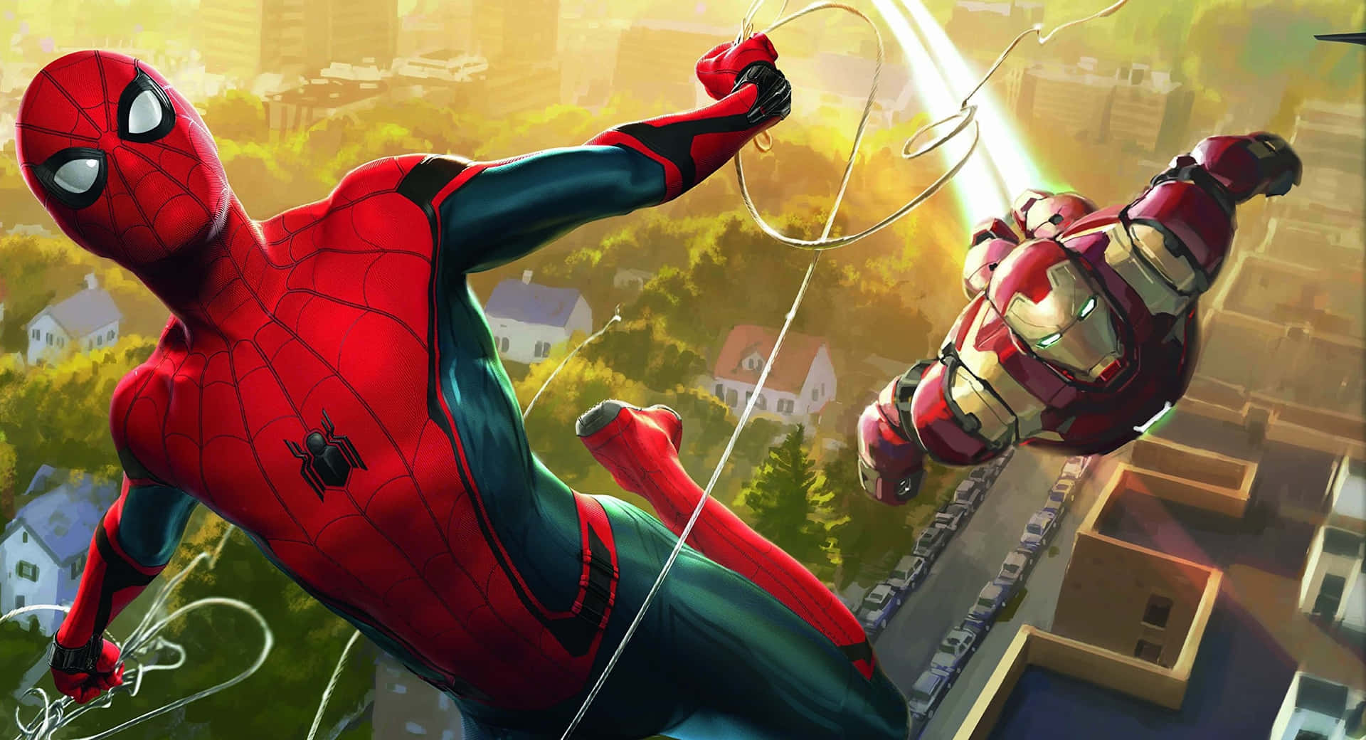 Spidermane Iron Man: Compagni Nelle Avventure Dei Supereroi. Sfondo