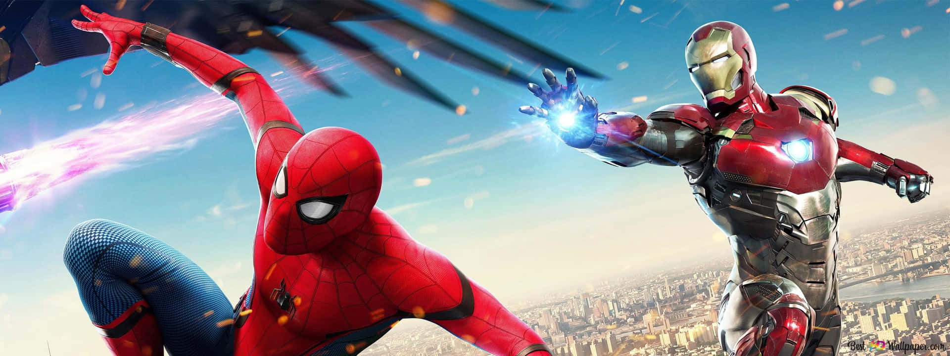 Marvel superheroes Spider Man and Iron Man team up to save the day. Wallpaper