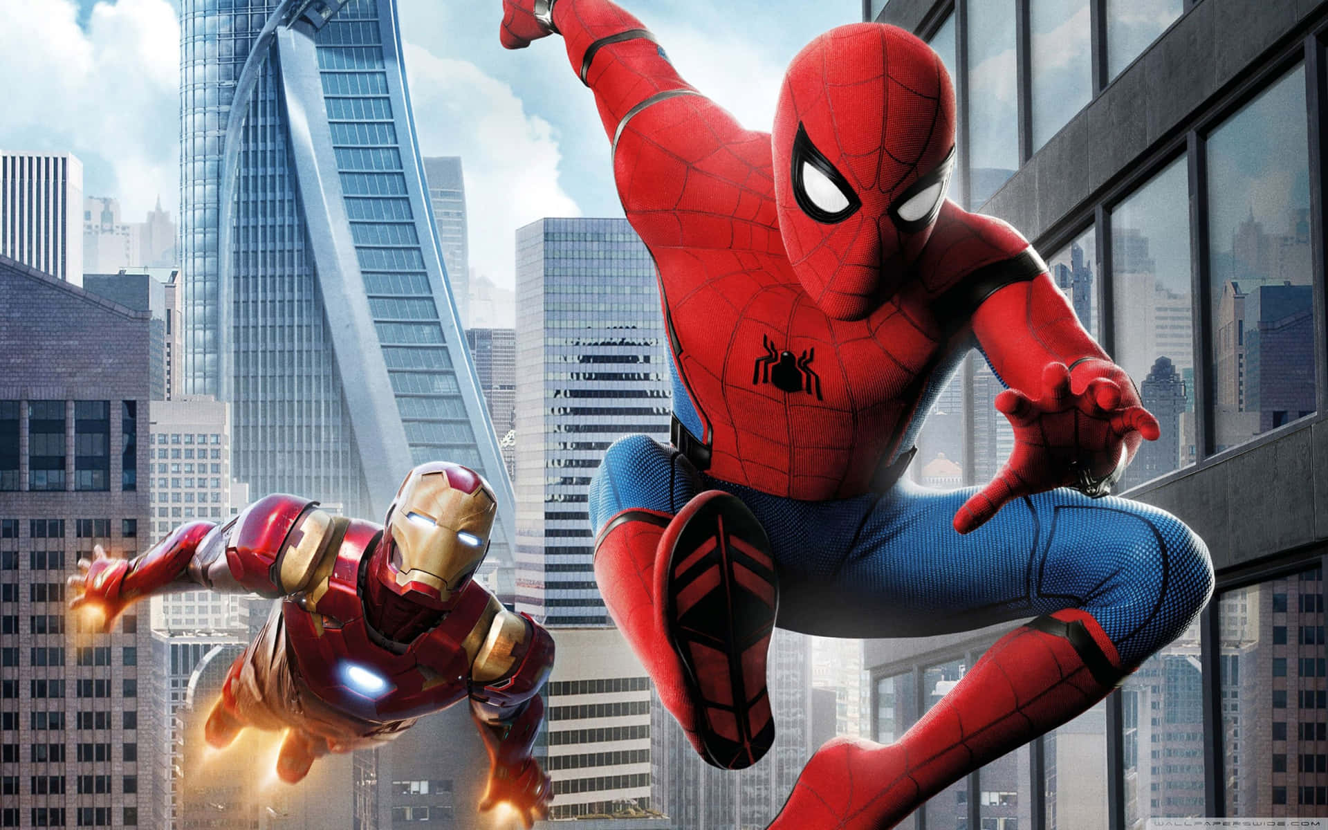 Spider-Man and Iron Man, two iconic superheroes come together in epic battle. Wallpaper