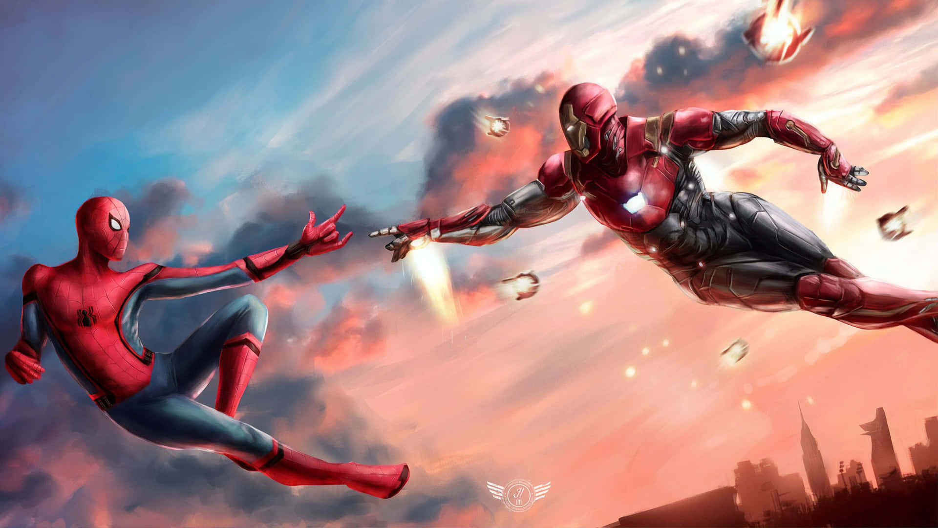 Spiderman Og Iron Man, To Af Marvels Mest Elskede Superhelte. Wallpaper