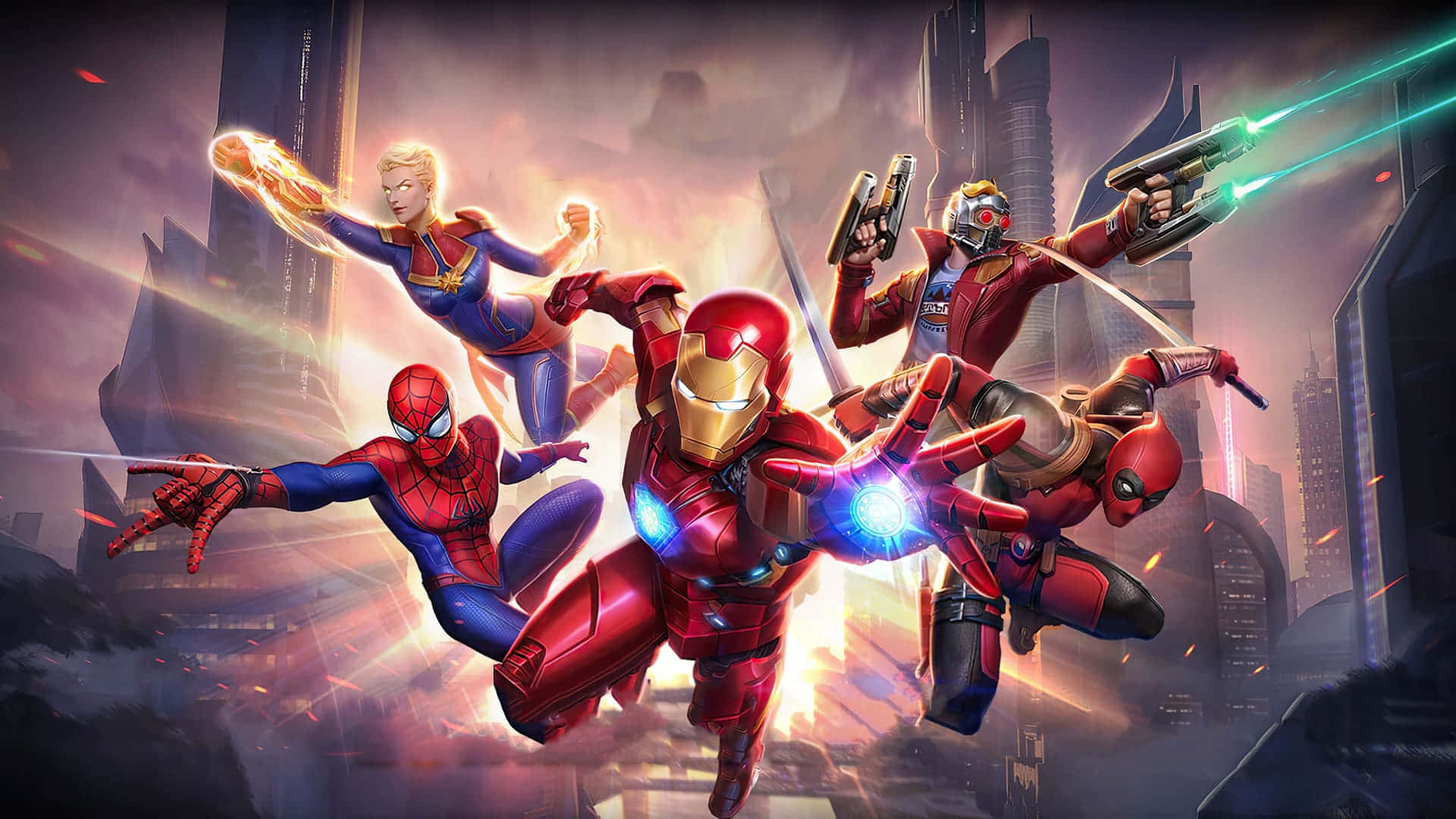 To Marvel Superhelte, Spider-Man og Iron Man, der brager sammen gennem natten. Wallpaper