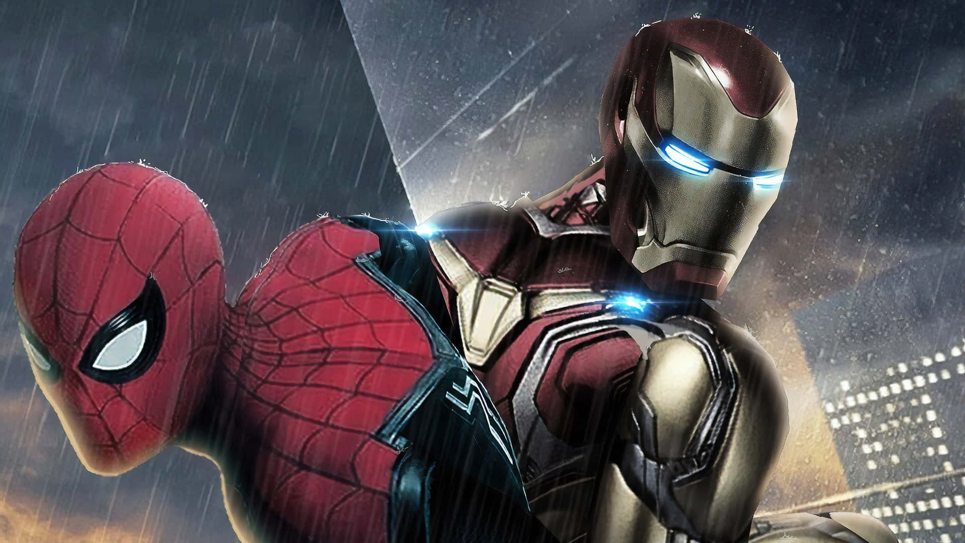 Dassuperhelden-duo Spiderman Und Iron Man Beschützt Die Stadt Gemeinsam. Wallpaper